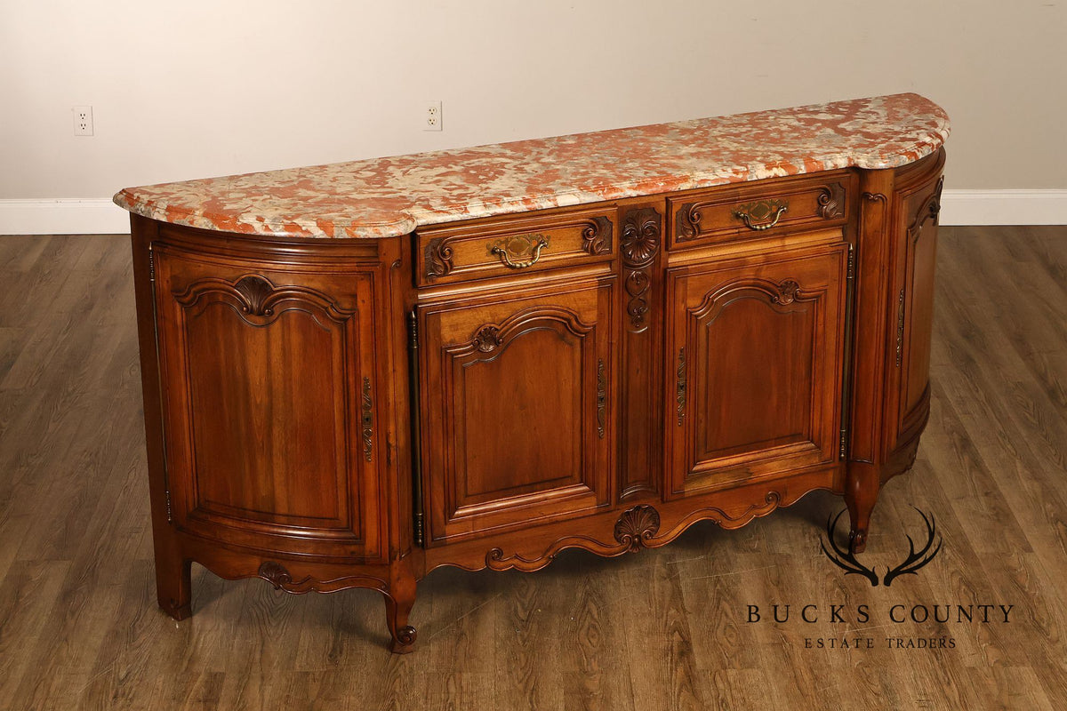 French Louis XV Style Carved Walnut Marble Top Buffet Sideboard