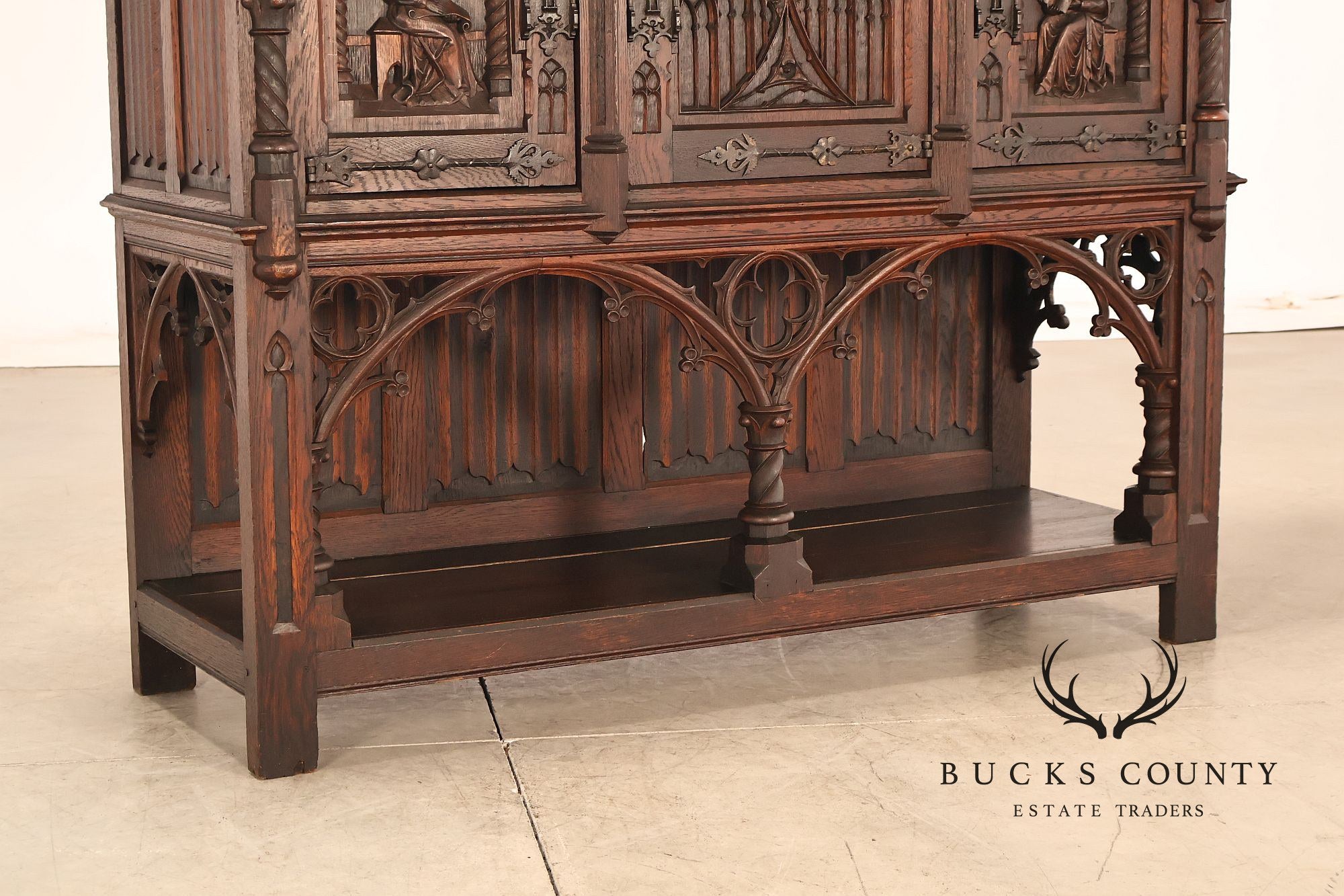 Antique Neo-Gothic Carved Oak Sideboard Server With Figural Panels