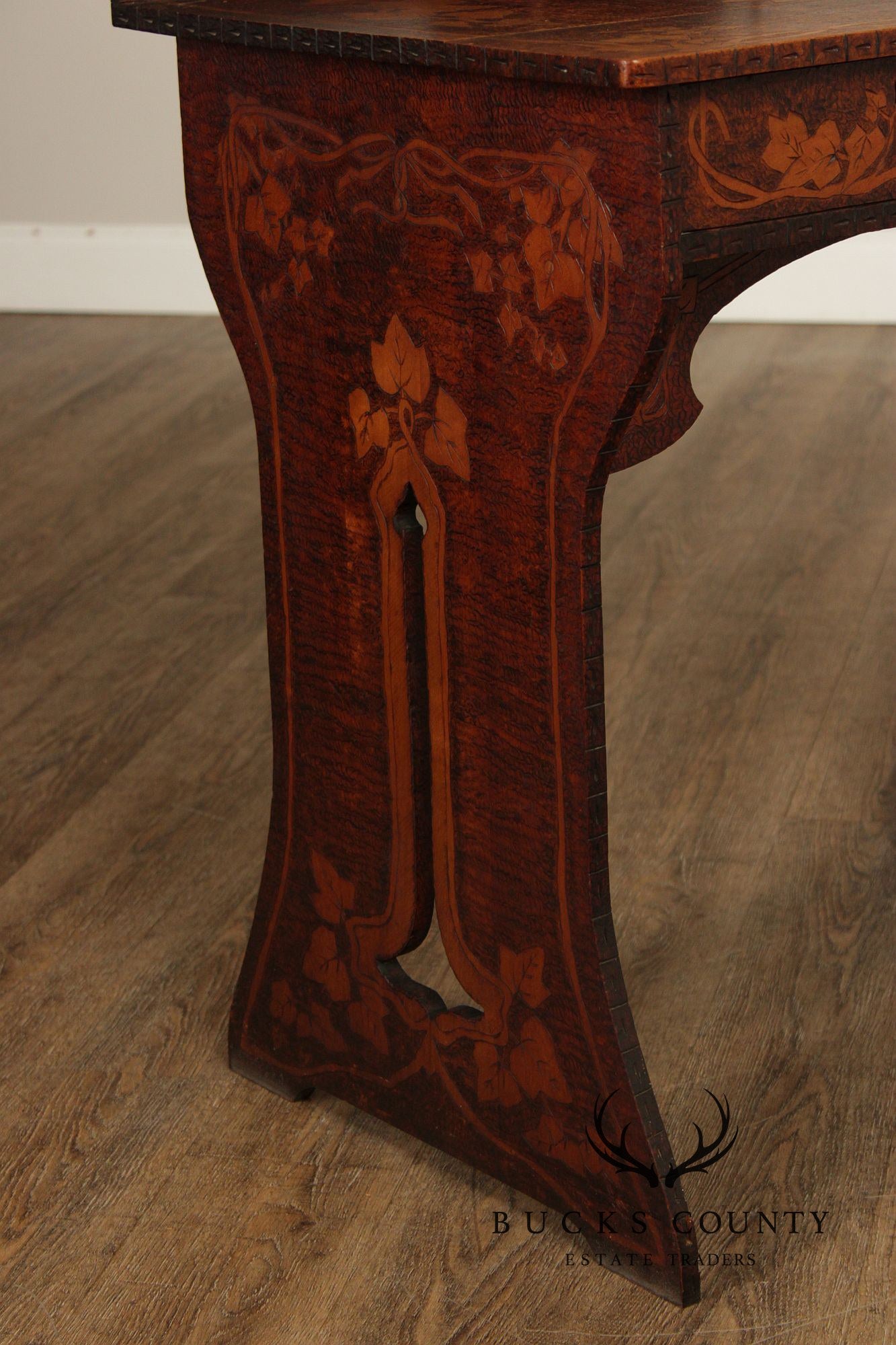 Antique Art Nouveau Style Carved And Pyrography Writing Desk And Chair Set