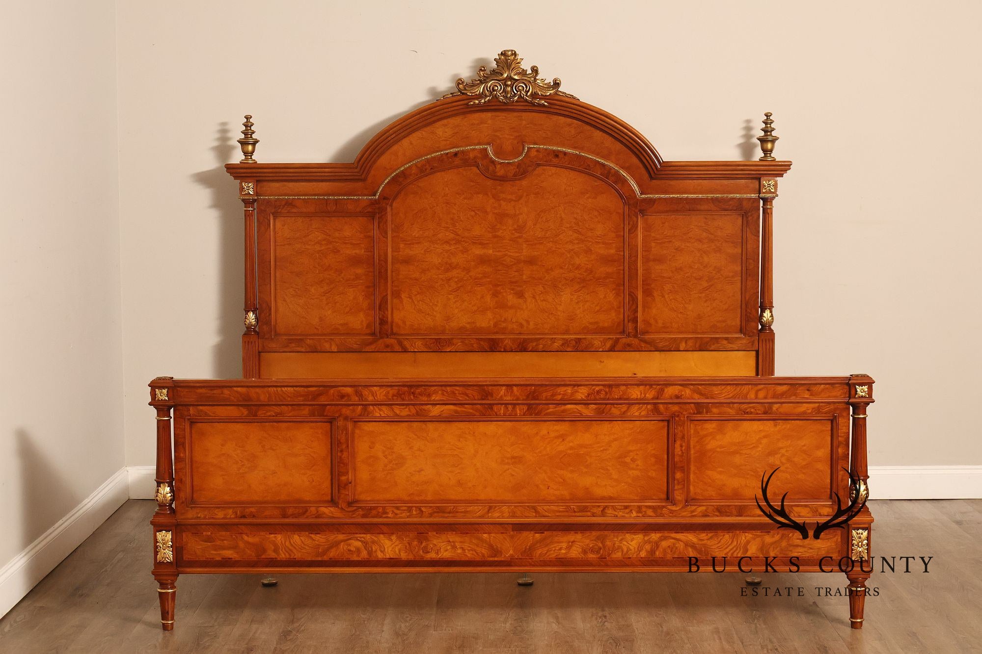 Quality Louis XVI Style Burlwood King Size High Back Bed
