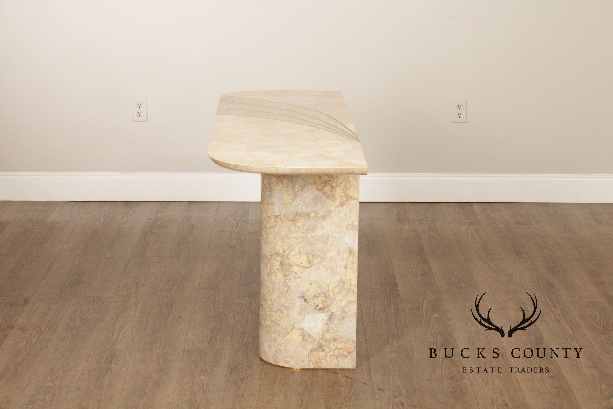 Hollywood Regency Tessellated Stone Brass Inlaid Console Table