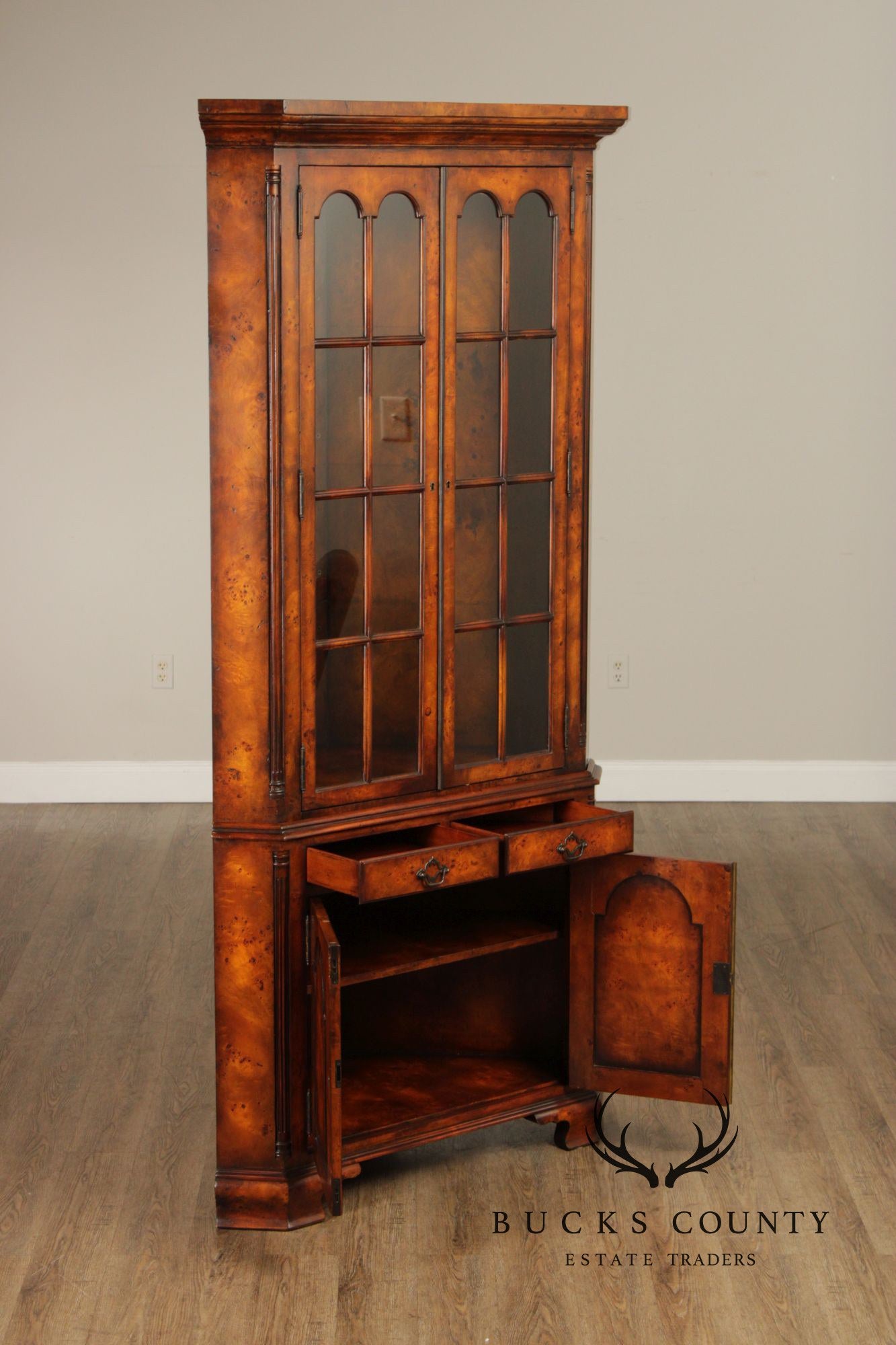 Theodore Alexander Georgian Style Burlwood Corner Cabinet