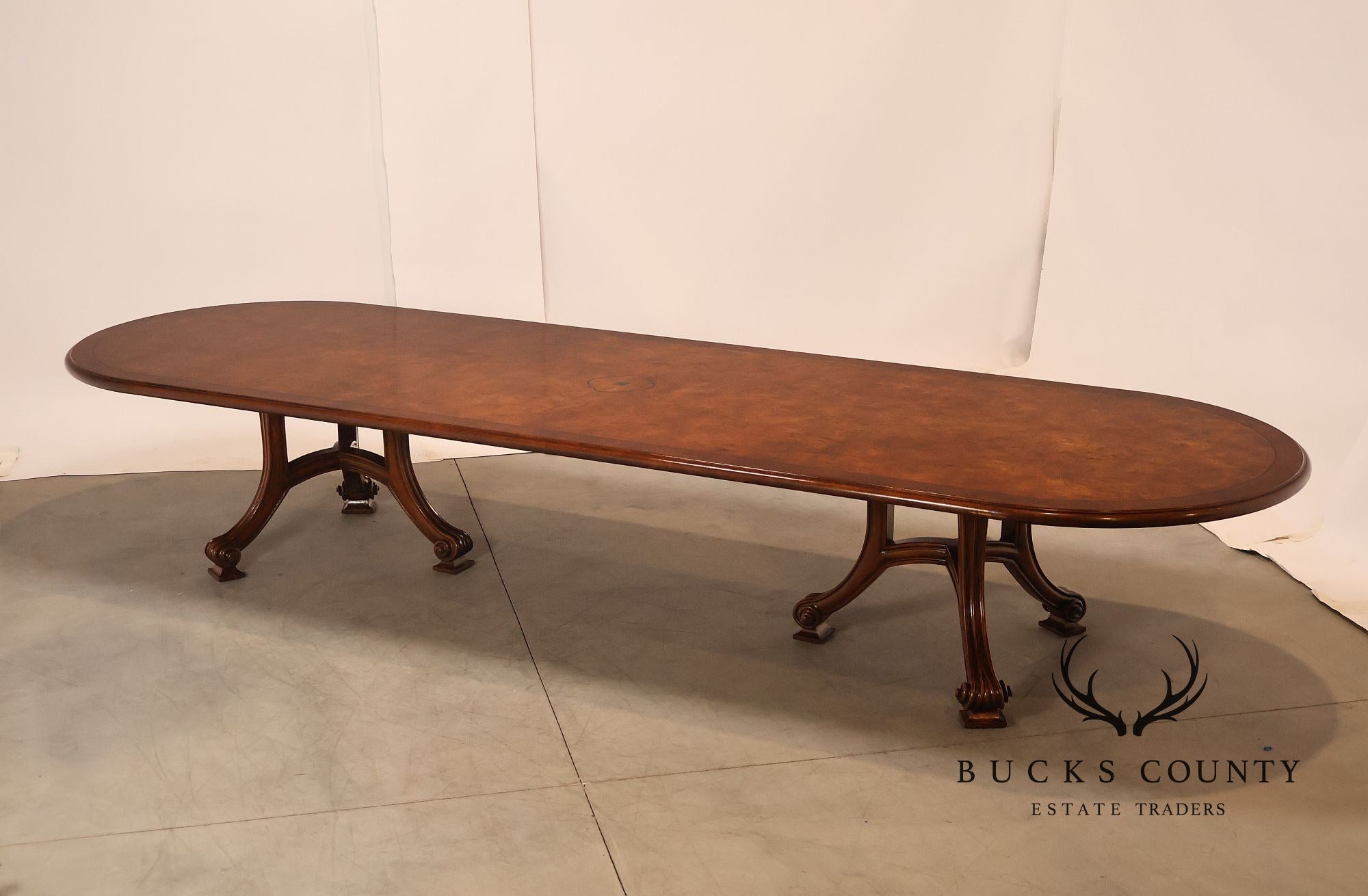 Dessin Fournir Banded Burlwood Large Double Pedestal Banquet Dining Table