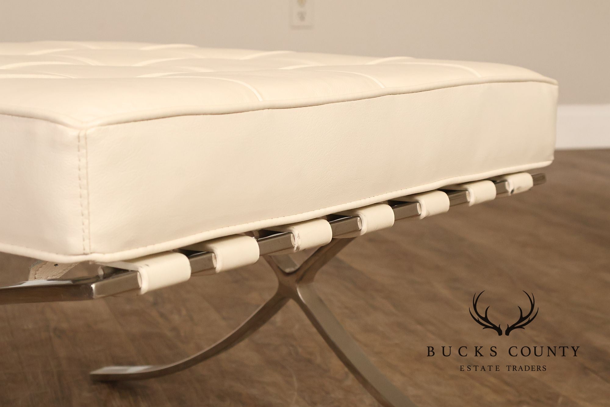 White Barcelona Style Pair Of Leather Stools With Chrome Bases