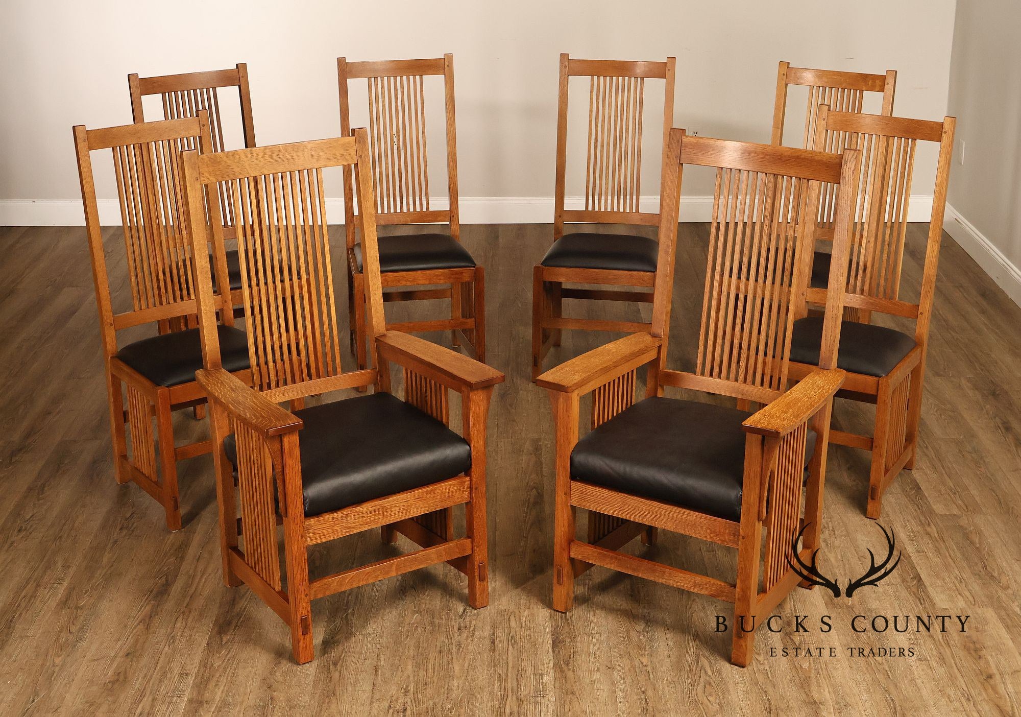 Stickley Mission Collection Set of Eight Oak Spindle Dining Chairs