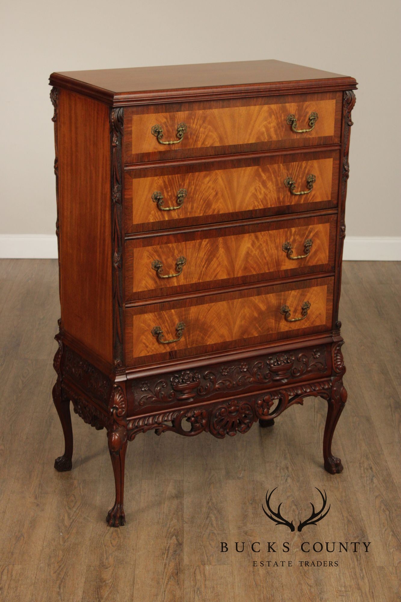 1930's Georgian Style Carved Mahogany Tall Chest