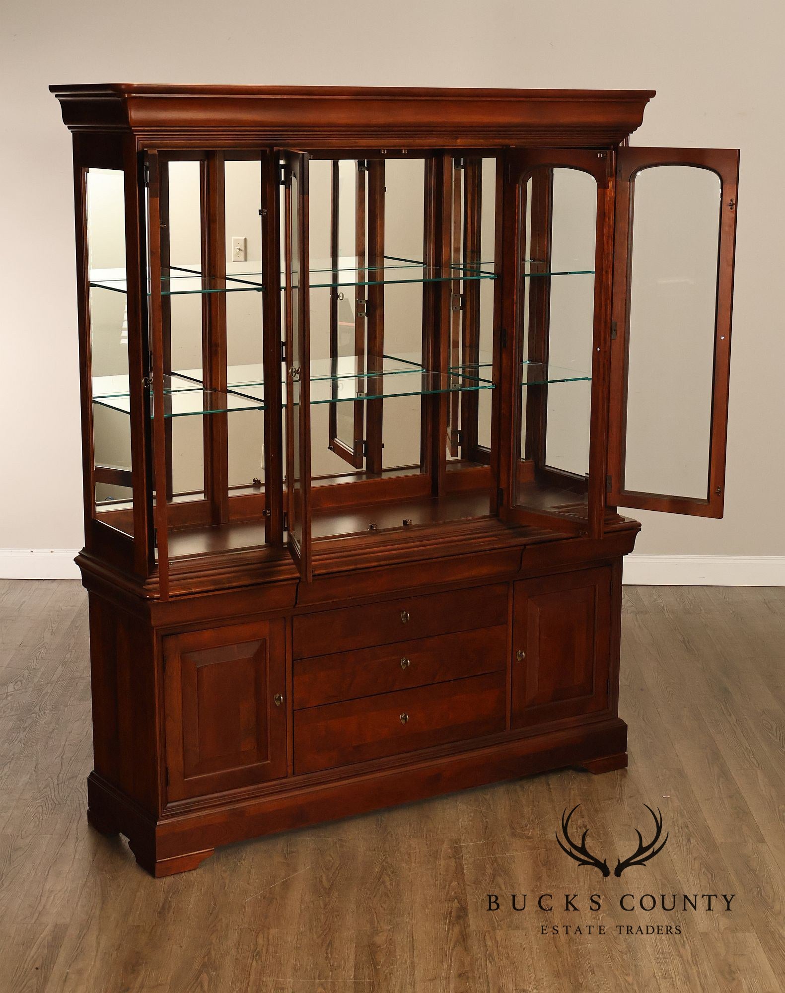 Pennsylvania House Louis Philippe Style Cherry Breakfront Lighted China Cabinet