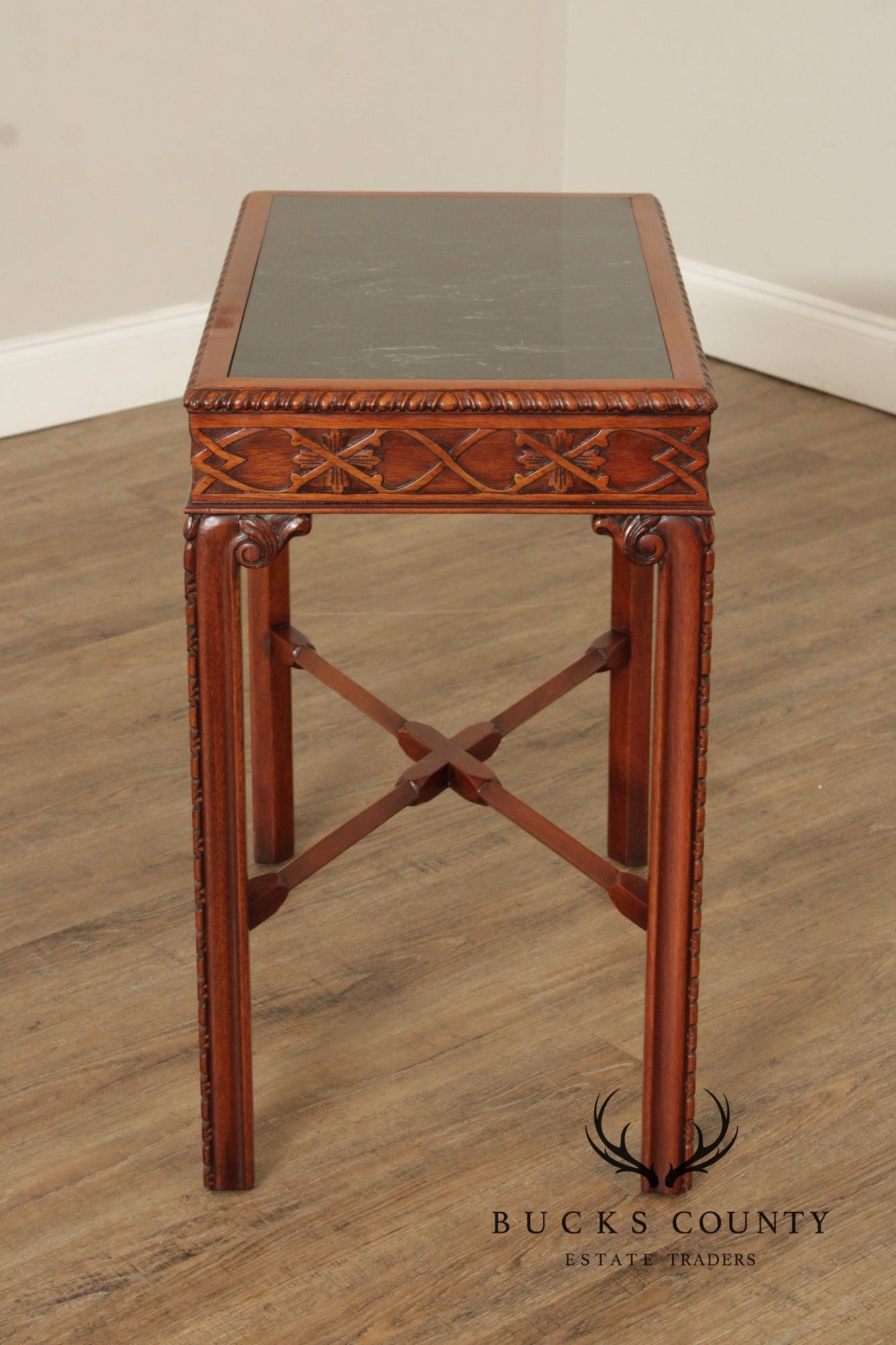 Chinese Chippendale Style Marble Top Mahogany Accent Table