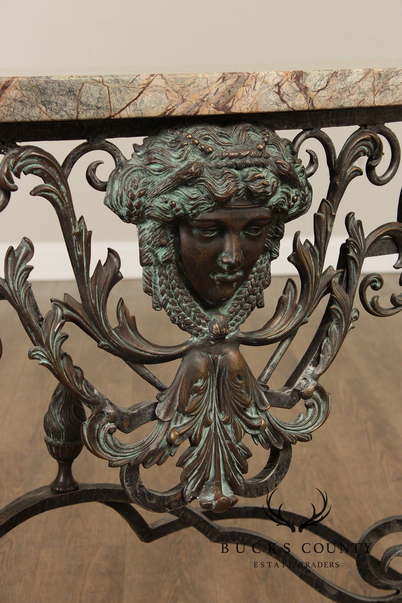 Maitland Smith Italian Rococo Style Scrolled Iron And Bronze Marble Top Console Table