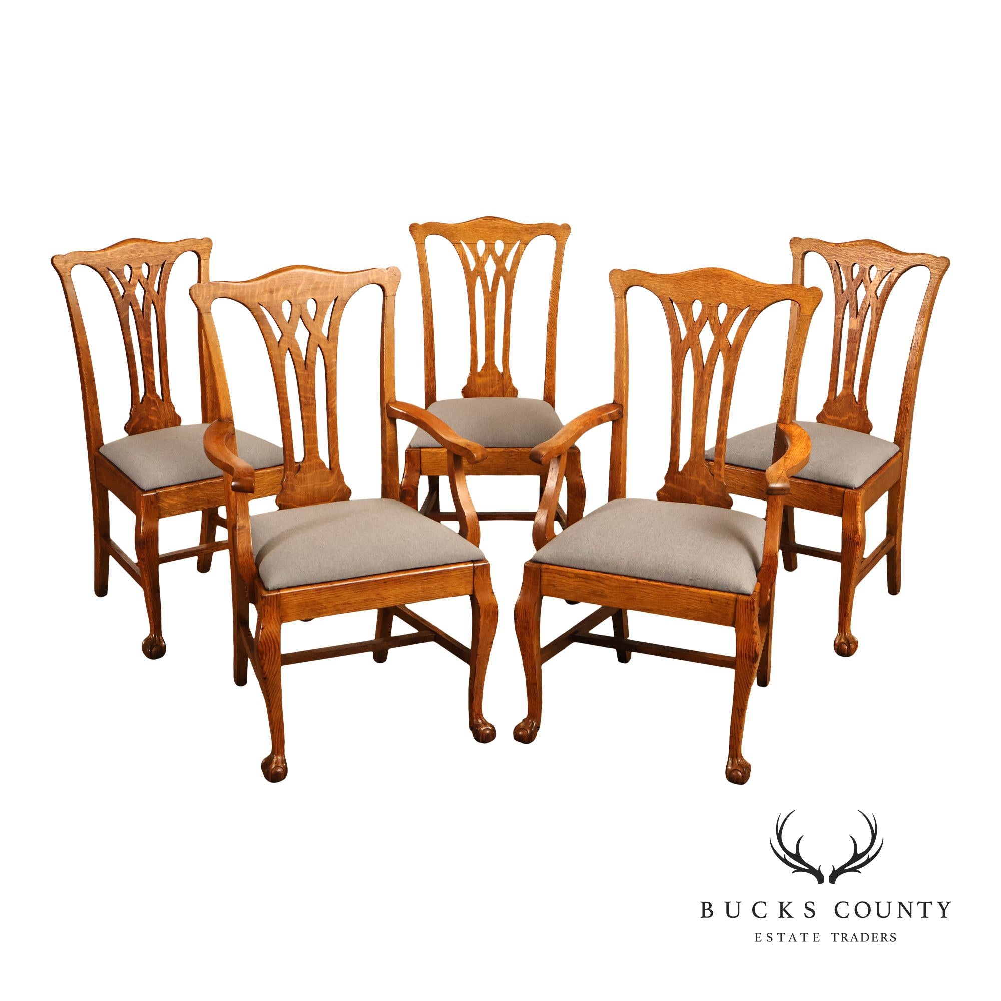 Renaissance Revival Set of Five Carved Oak Dining Chairs