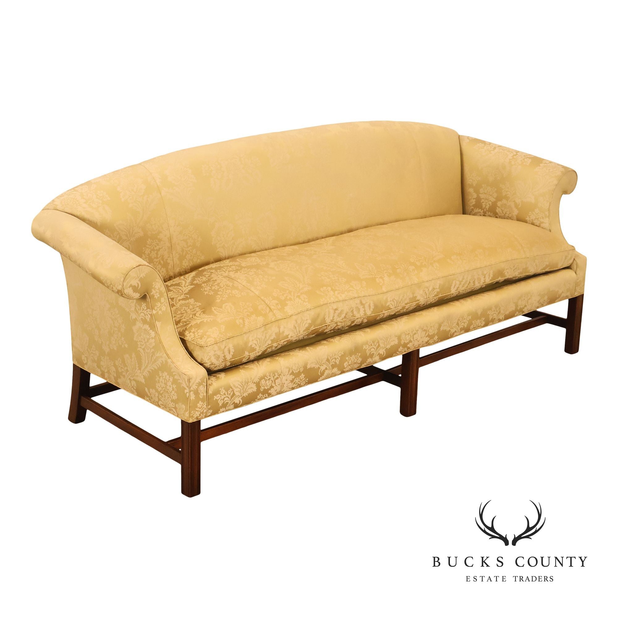 Henredon Chippendale Camelback Damask Upholstered Mahogany Sofa