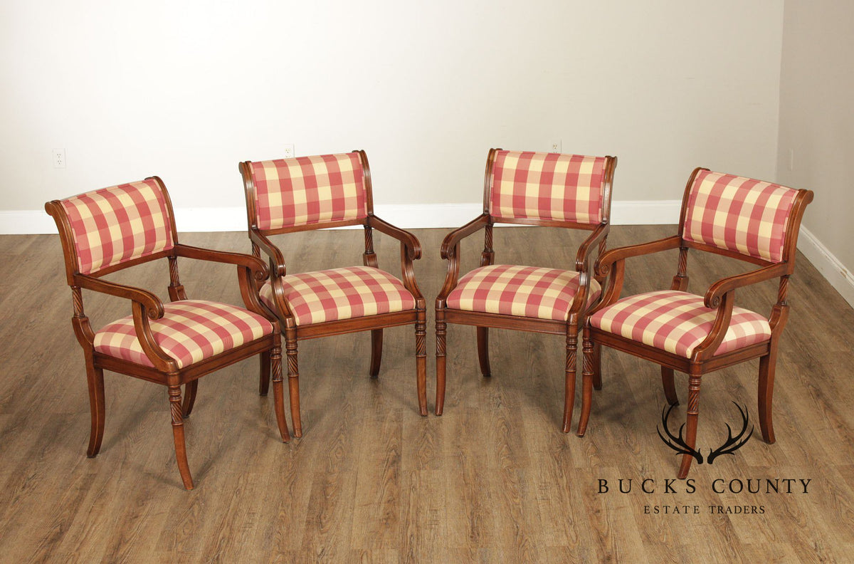 Guy Chaddock Set Of 4 Carved Wood Dining Armchairs In Scalamandré Check Fabric