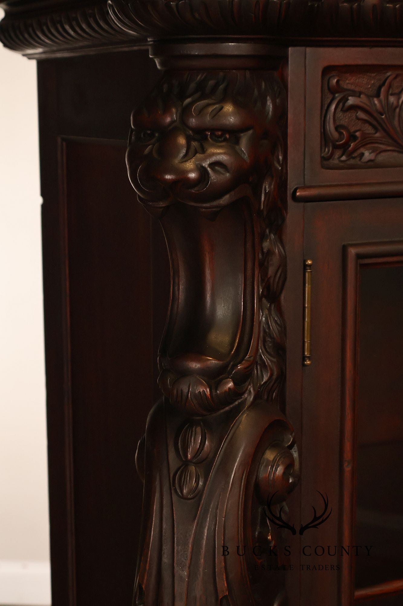 Antique R.J. Horner Lion Carved Mahogany Three-Door Bookcase