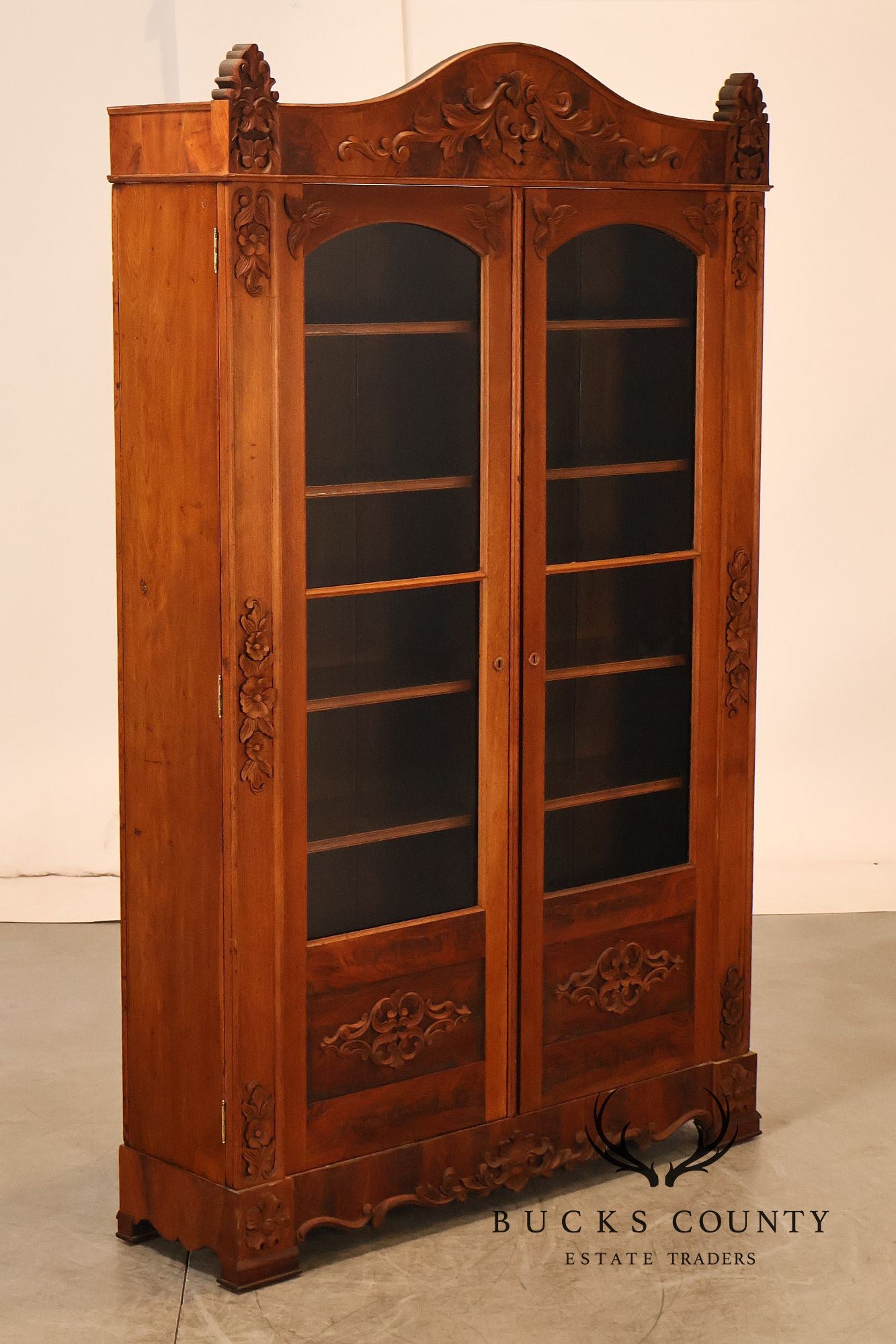 Antique Victorian Renaissance Revival Mahogany Large Two Door Bookcase