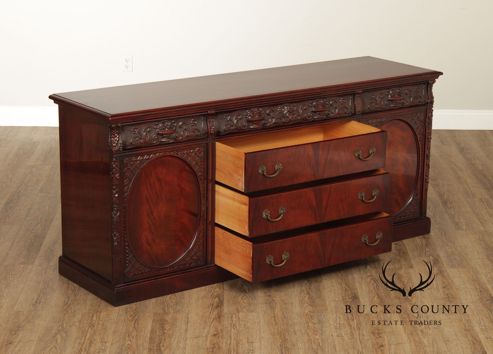 1940's Vintage Georgian Style Carved Mahogany Sideboard Buffet