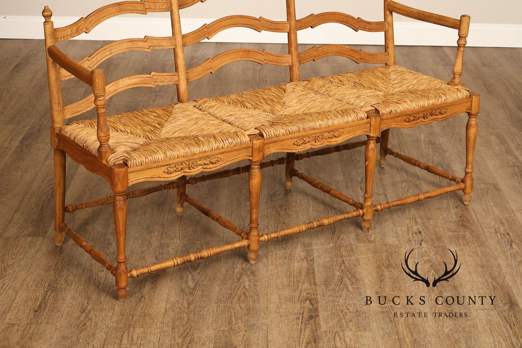 French Provincial Style Carved Wood Rush Seat Settee