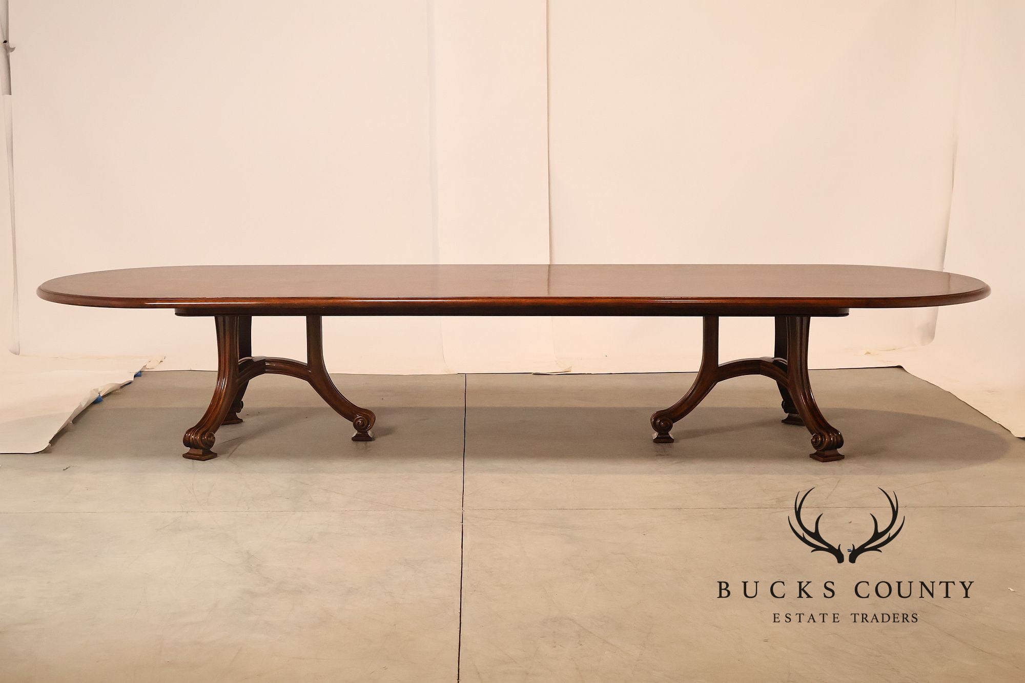 Dessin Fournir Banded Burlwood Large Double Pedestal Banquet Dining Table