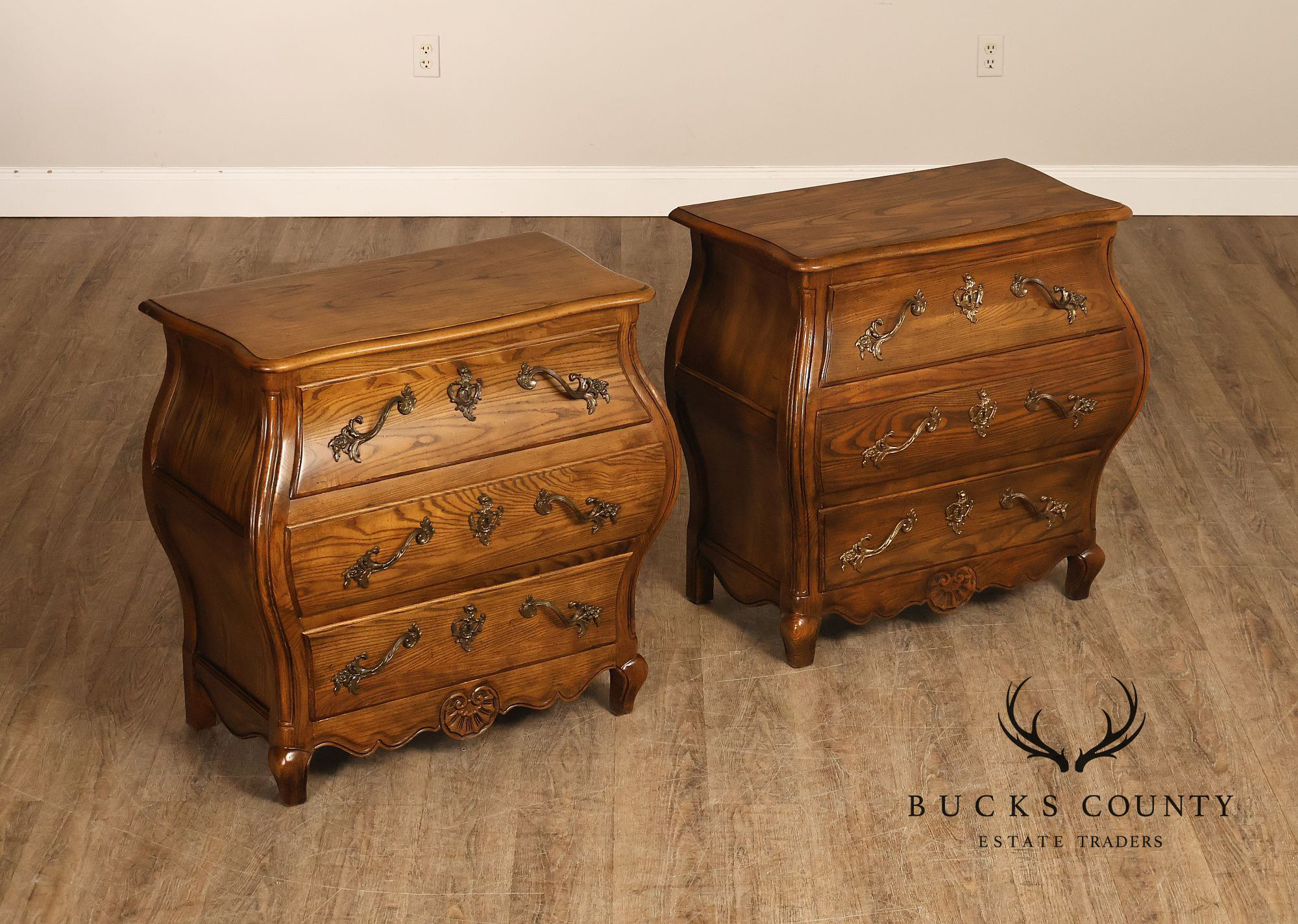 Baker Furniture French Provincial Carved Oak Bombay Chest Nightstands