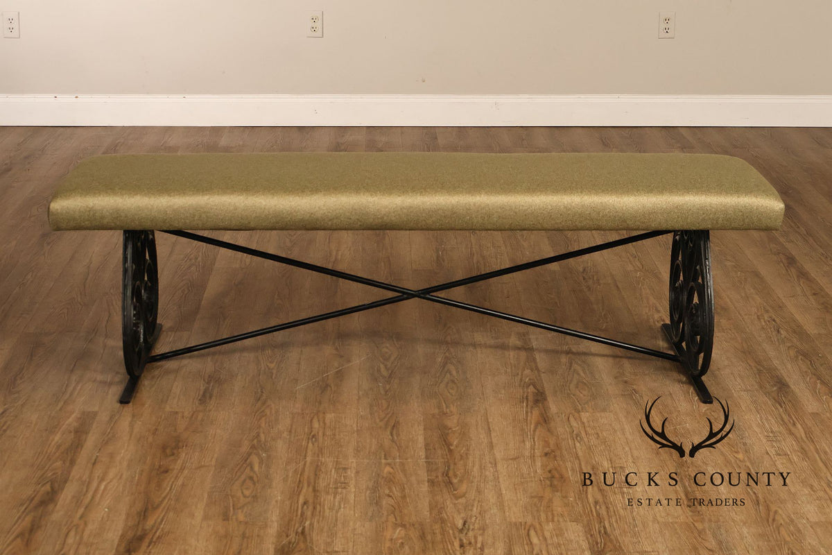 Vintage Wrought Iron Scrollwork Upholstered Bench