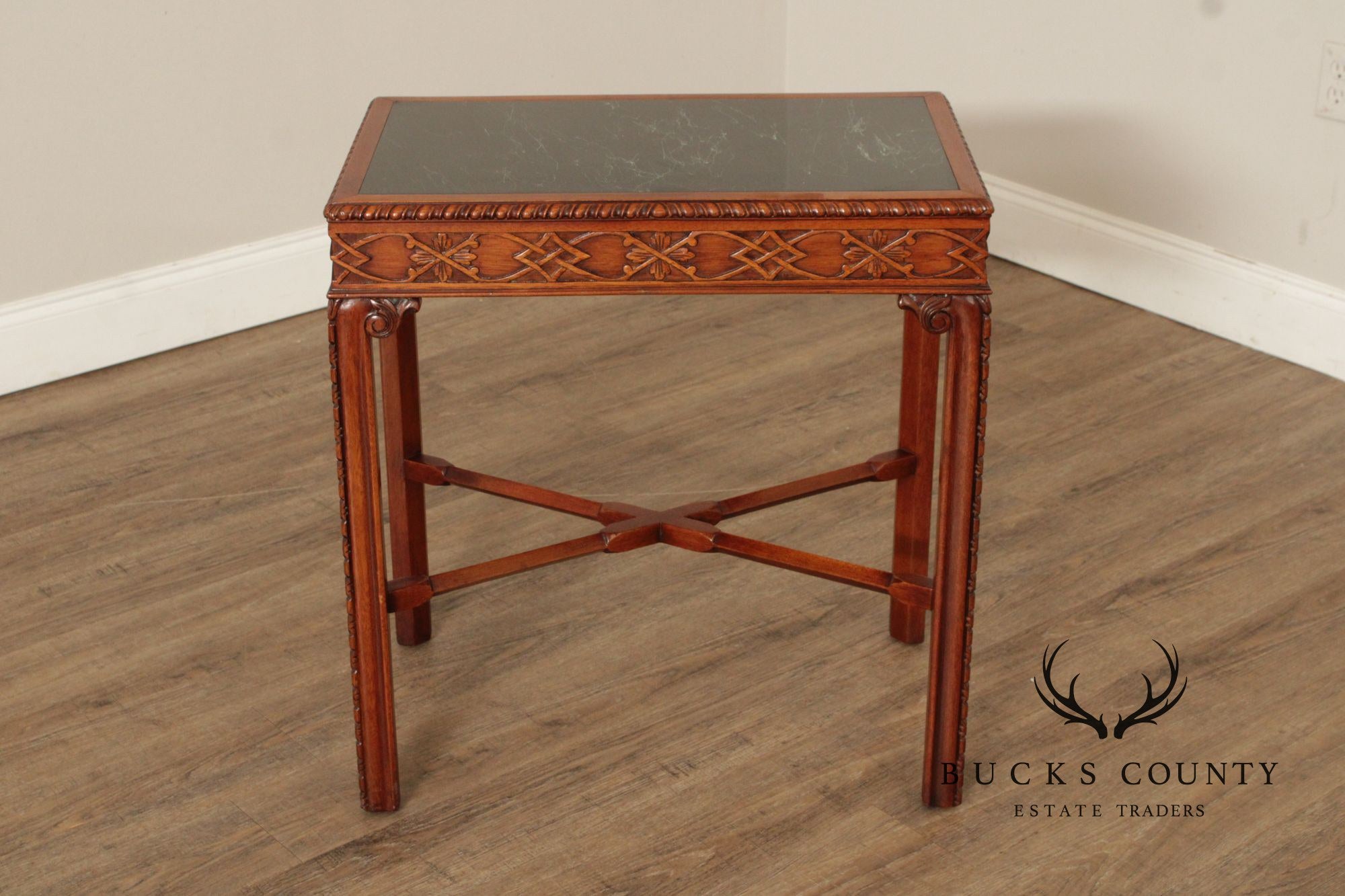 Chinese Chippendale Style Marble Top Mahogany Accent Table