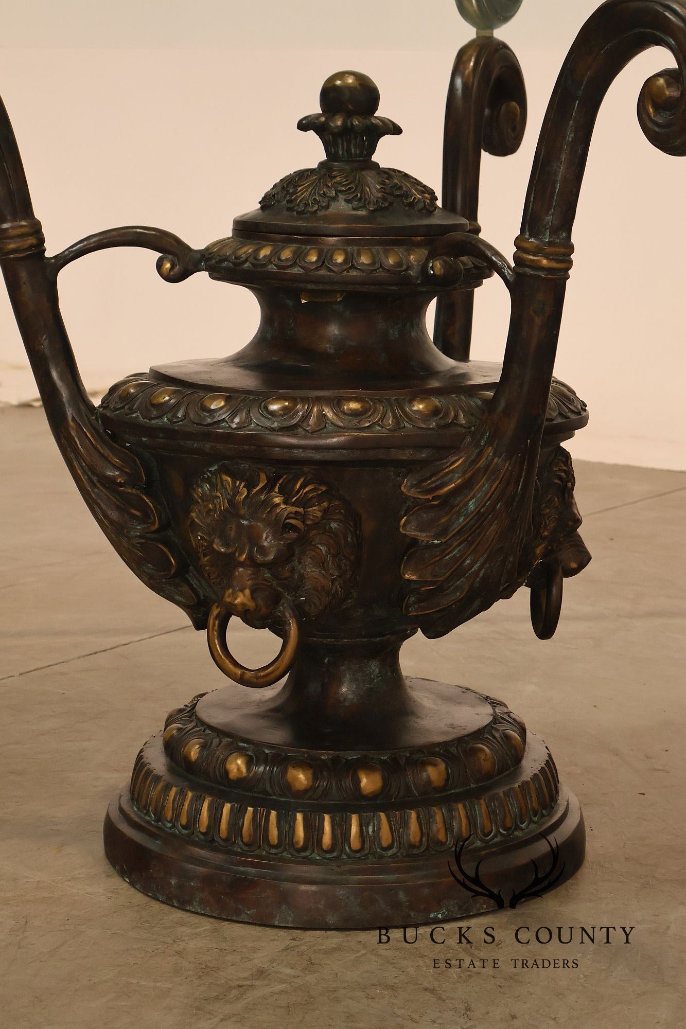 Monumental Brass Urn Form Double Pedestal Glass Top Dining Table