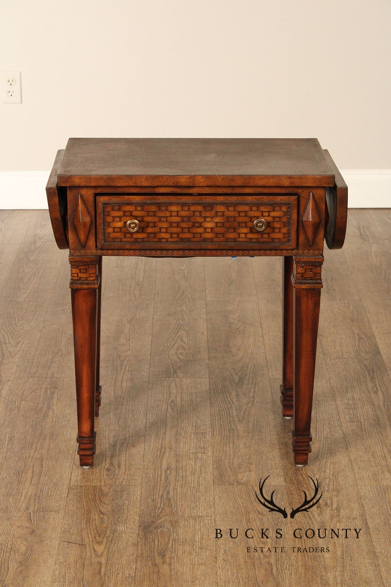 Neoclassical Style Leather Wrapped Drop-Leaf Side Table