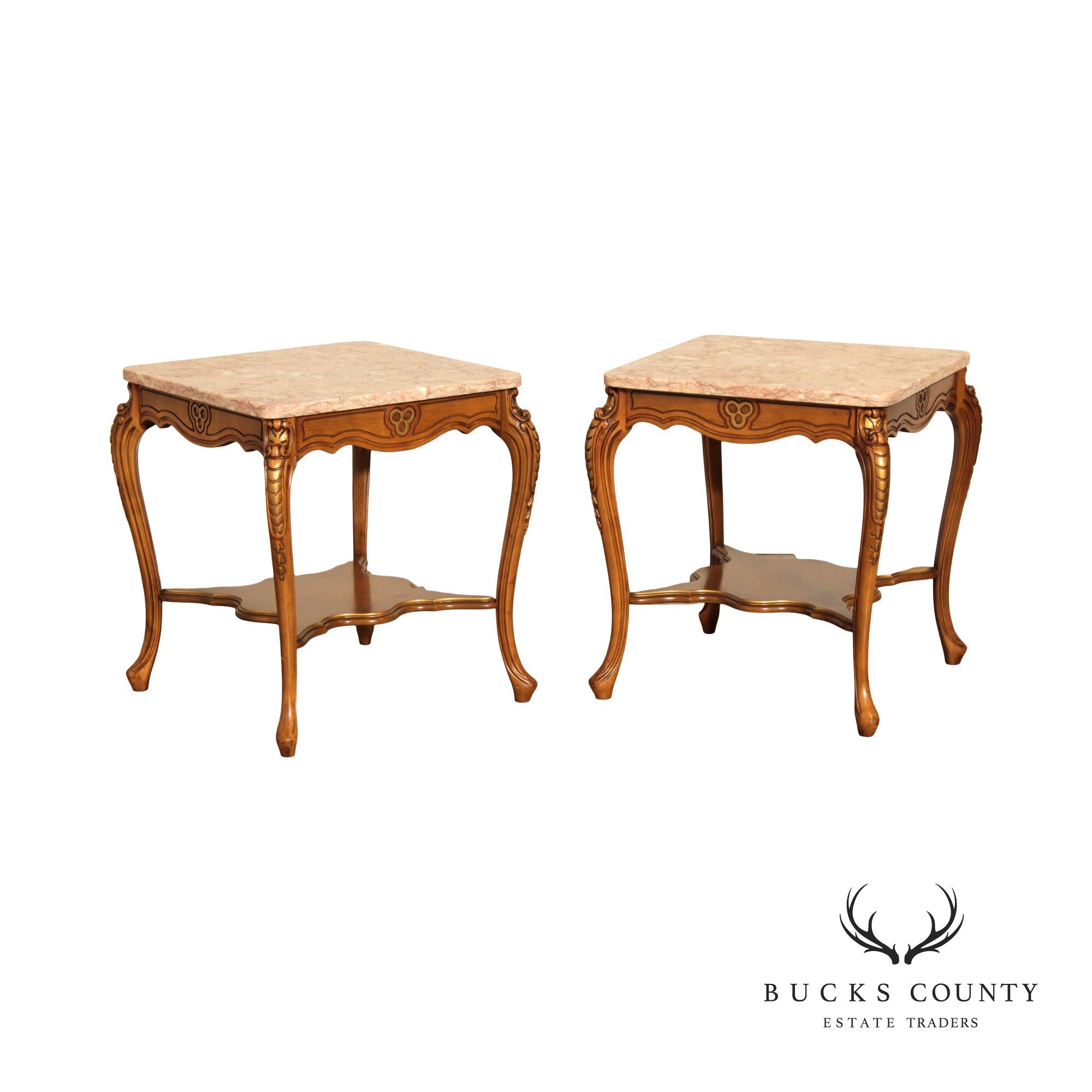 FRENCH LOUIS XV STYLE VINTAGE PAIR MARBLE TOP END TABLES
