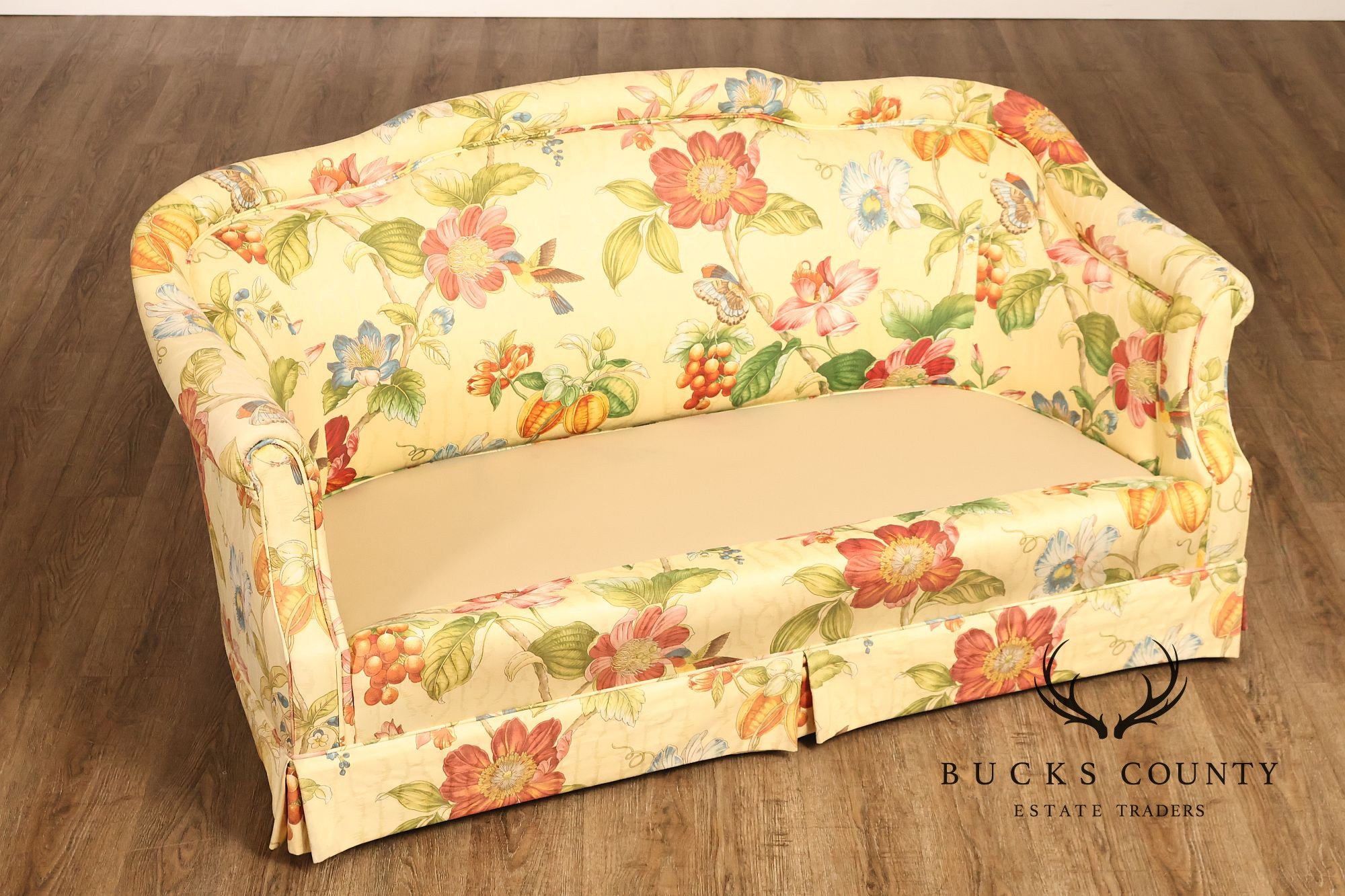 Custom Upholstered Pair Of Floral Chintz Skirted Loveseats