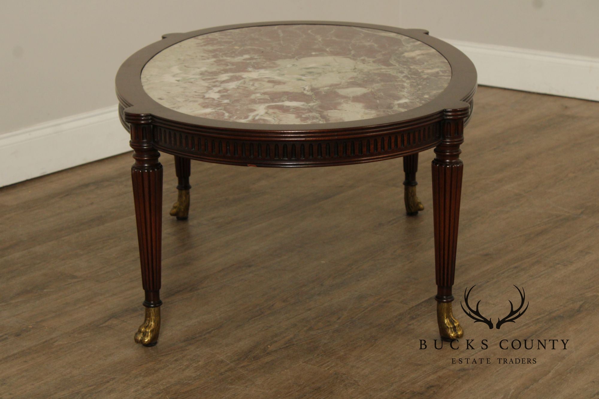 1940's Custom Regency Style Marble Top Mahogany Coffee Table
