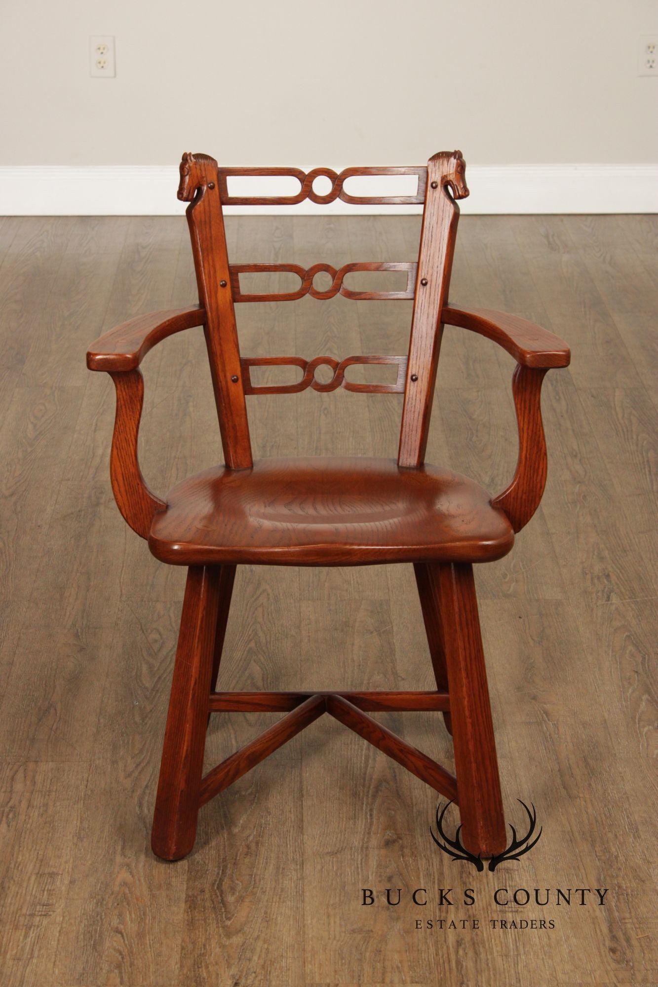 Romweber Set of Six Horse Carved Oak Dining Chairs