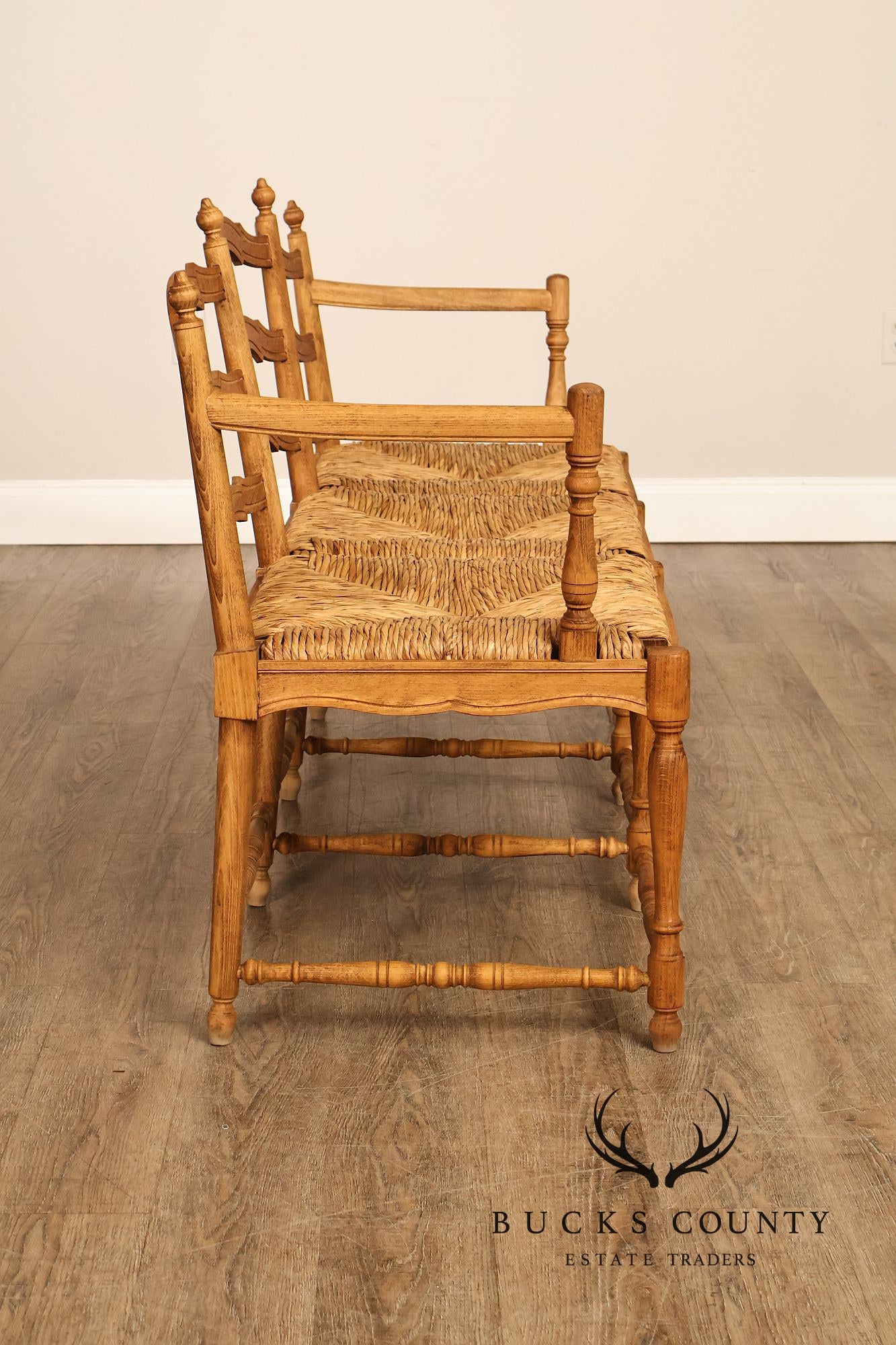 French Provincial Style Carved Wood Rush Seat Settee
