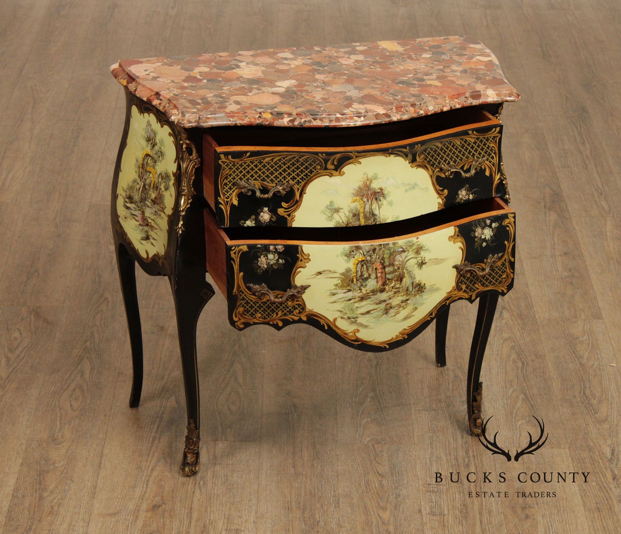Louis XV Style Hand Painted Marble Top Bombe Commode