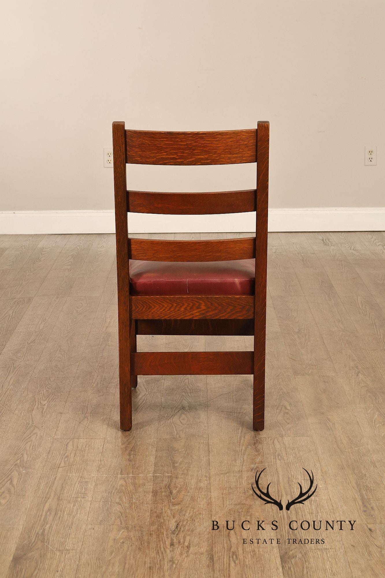 Antique L. & J. G. Stickley Set Of Four Oak Ladder Back Dining Chairs #800