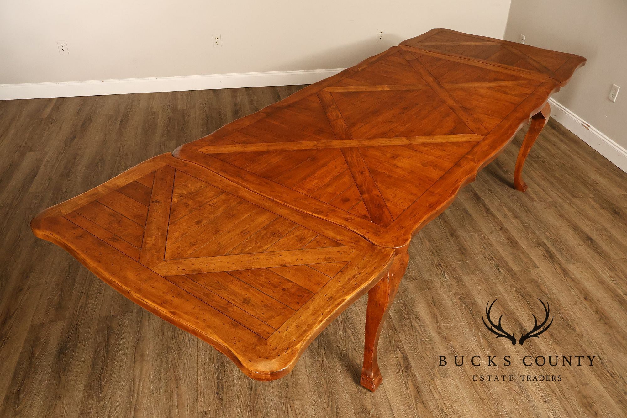 French Provincial Style Parquetry Top Dining Table with Scalloped Apron and Cabriole Legs