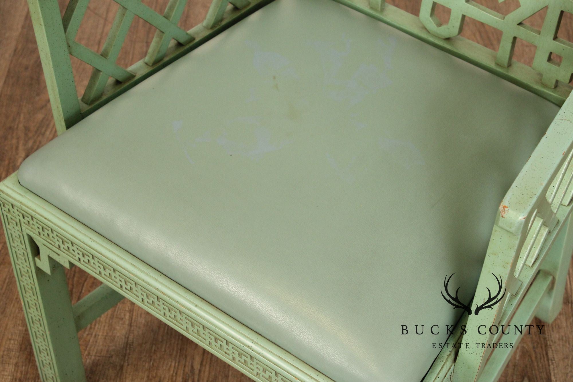 Chinese Chippendale Style Pair Painted Fretwork Armchairs