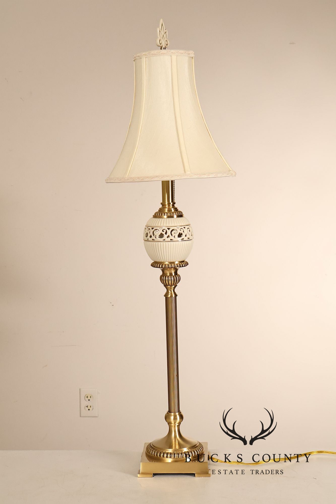Lenox For Quoizel Pair of Brass and Porcelain Tall Table Lamps