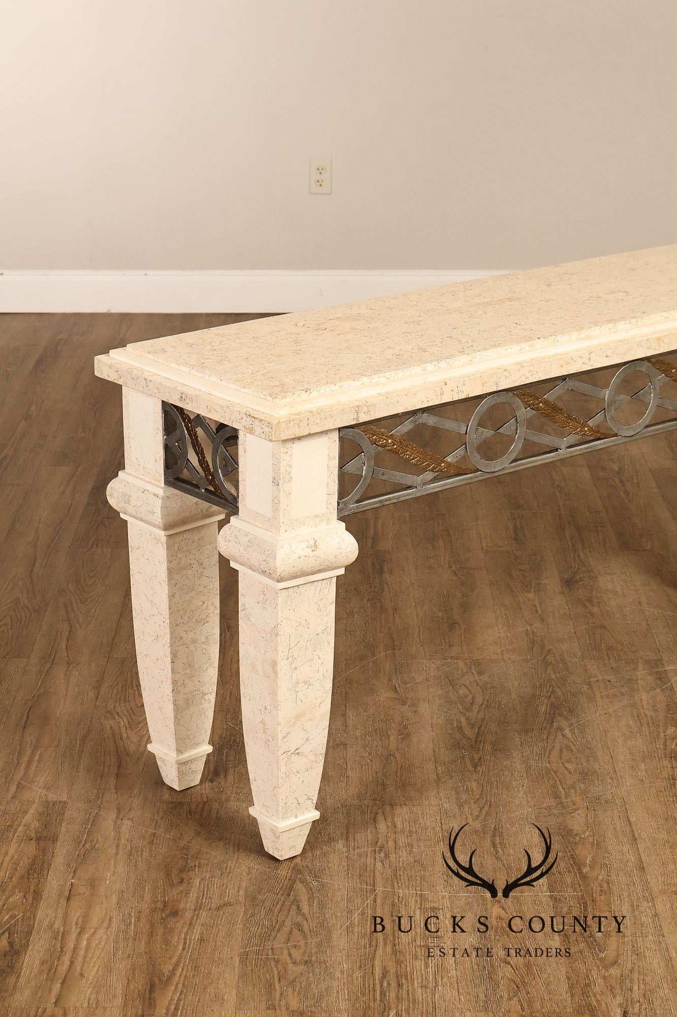 Neoclassical Style Travertine Console Table With Metal Stretcher
