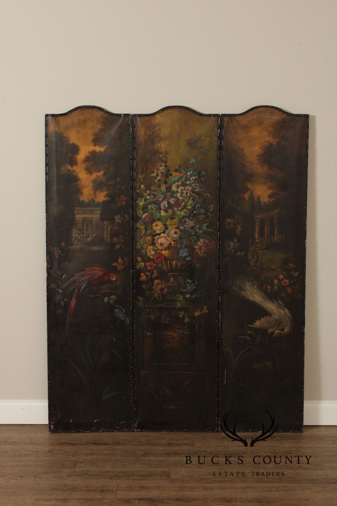 Antique Style 3-Panel Hand-Painted Oil On Canvas Floor Screen Room Divider With Floral Still Life, Birds & Garden Landscape