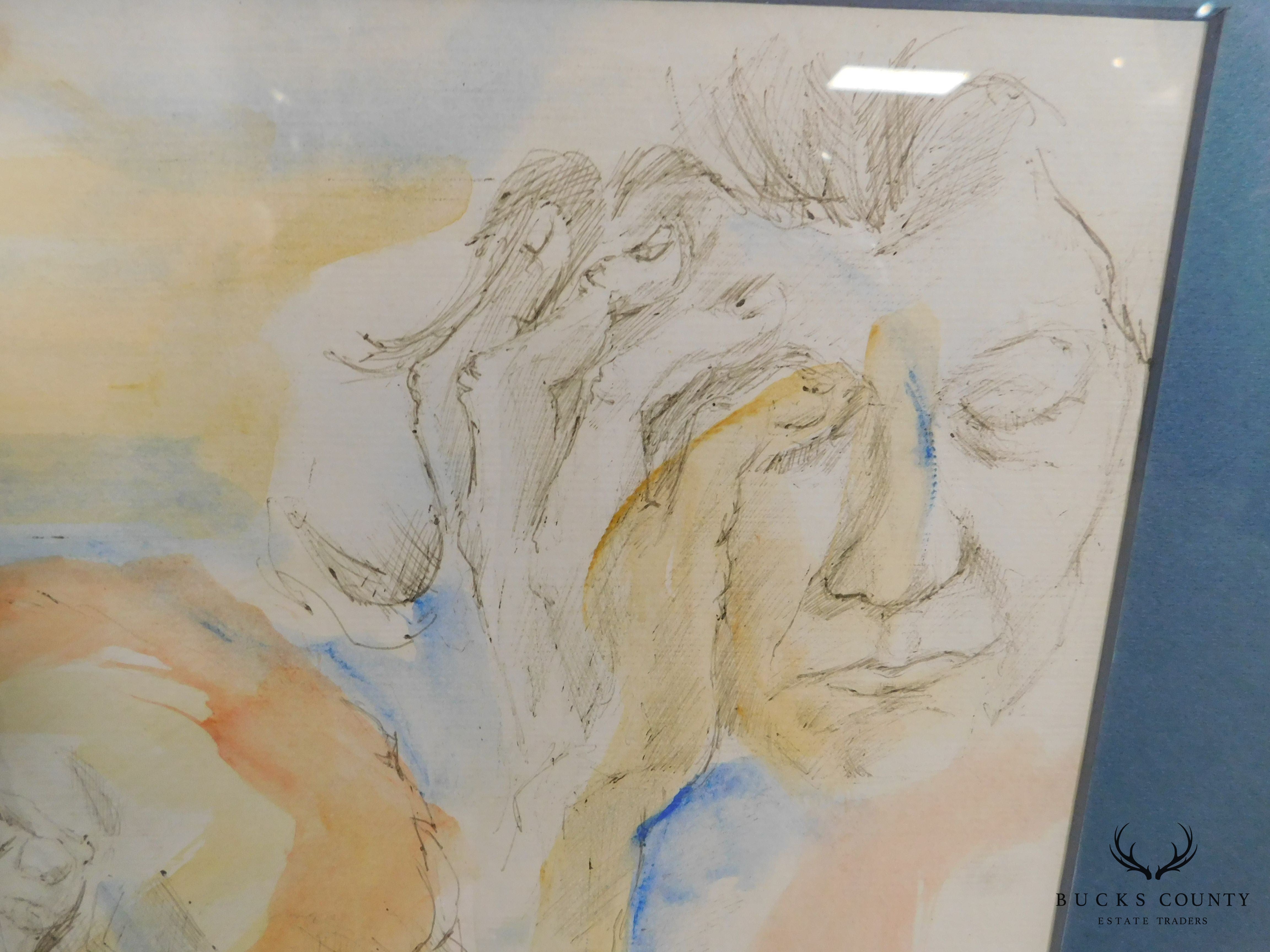 Blue Matted Portrait Sketch w/ Watercolor
