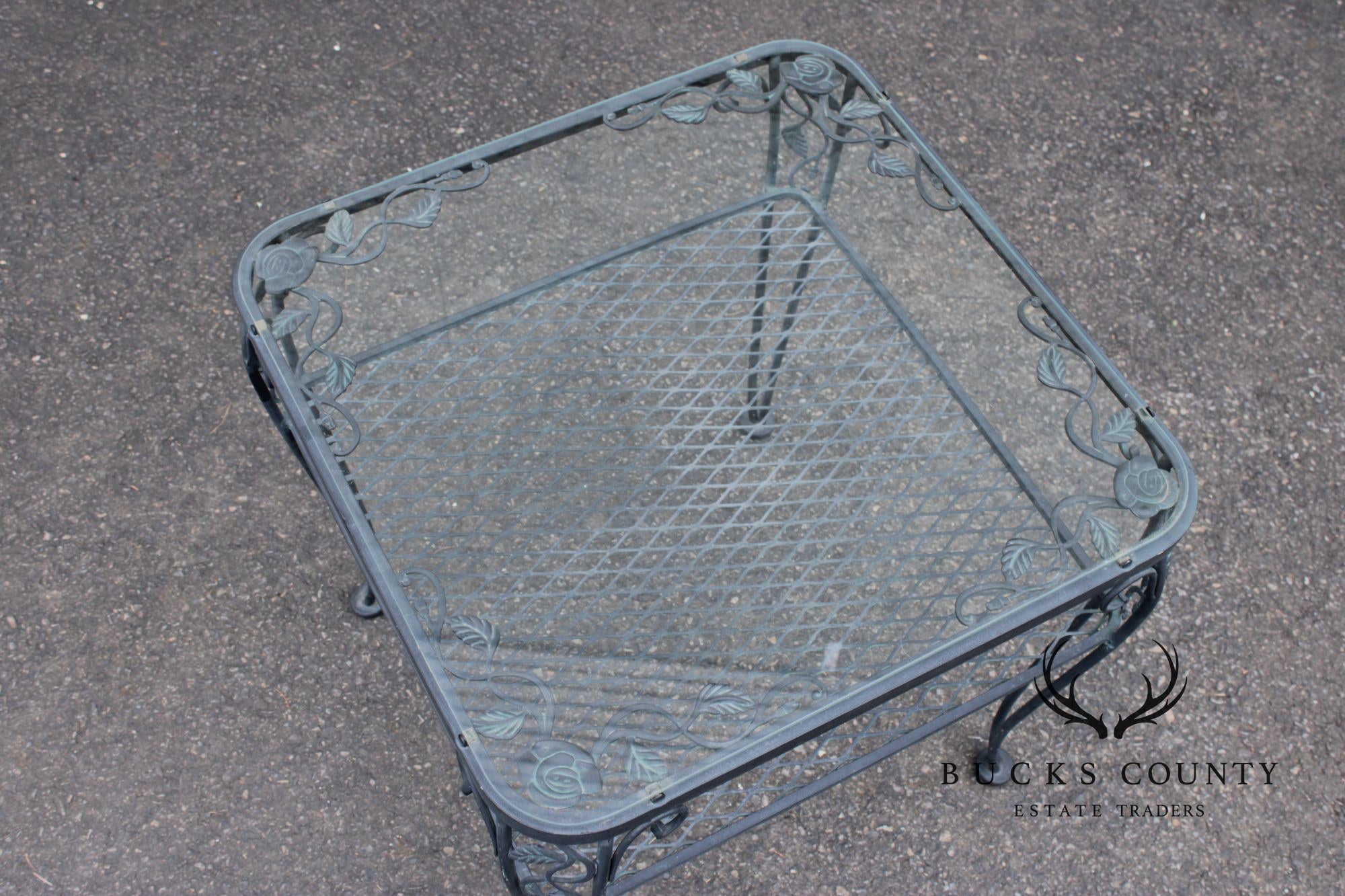 Woodard 'Chantilly Rose' Glass Top Wrought Iron Patio Side Table
