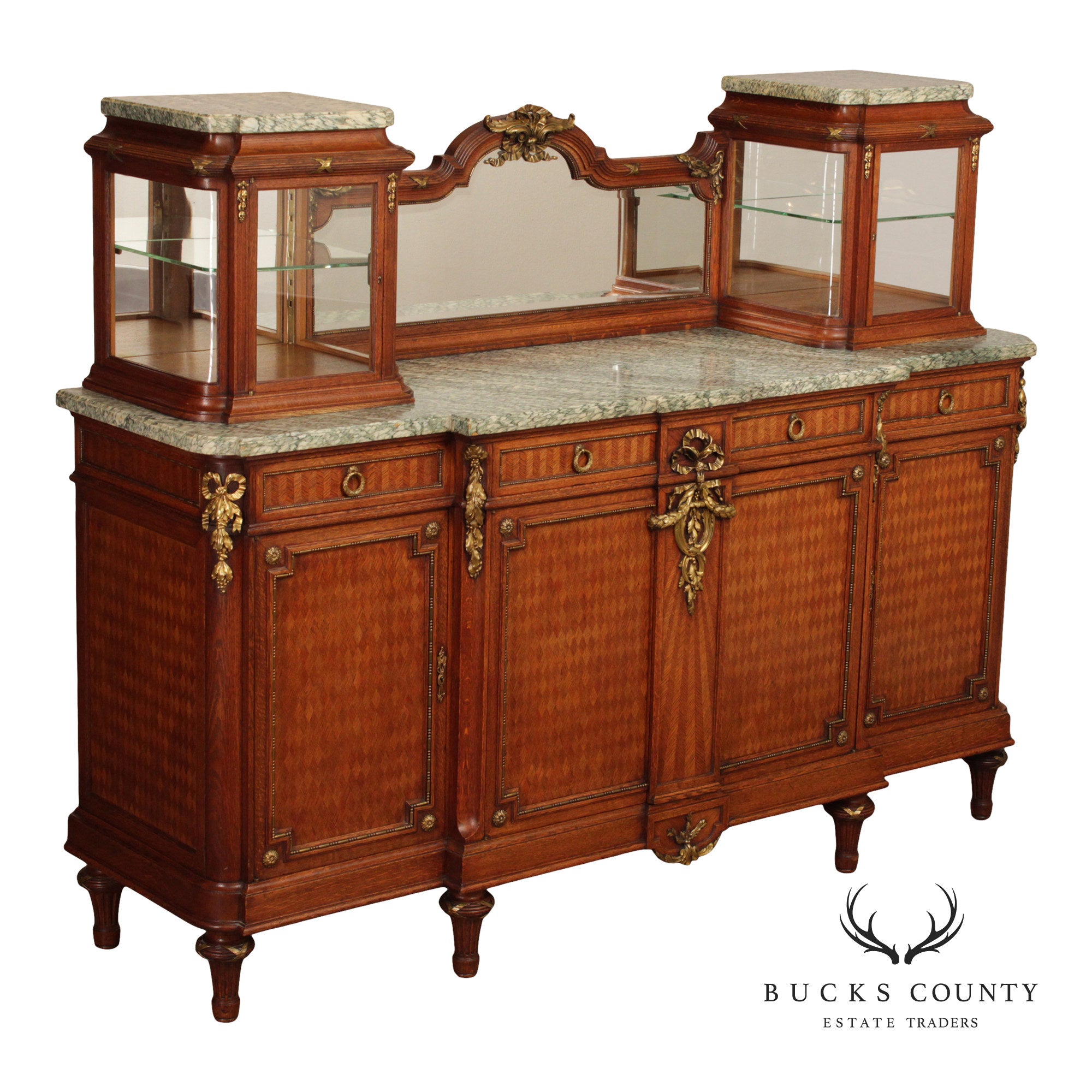 Antique French Louis XVI Style Inlaid Marble Top Sideboard