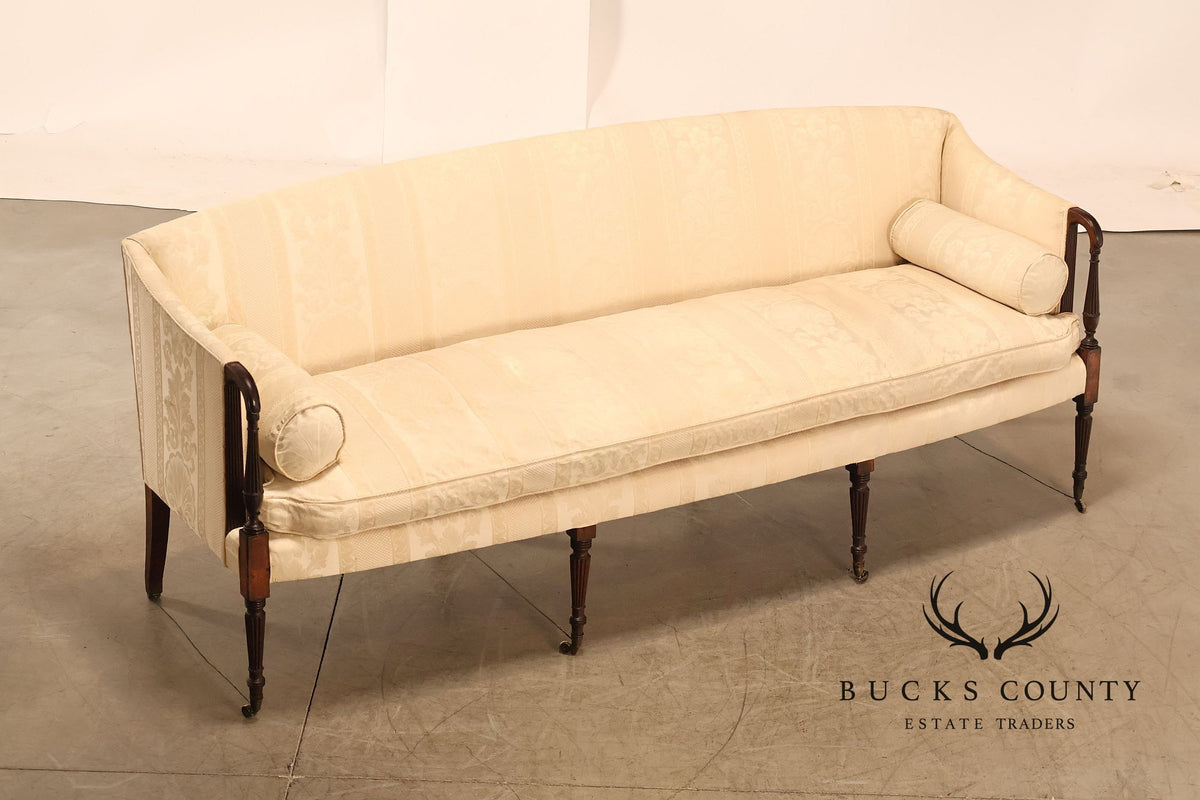 Antique Sheraton Style Mahogany Camelback Upholstered Sofa