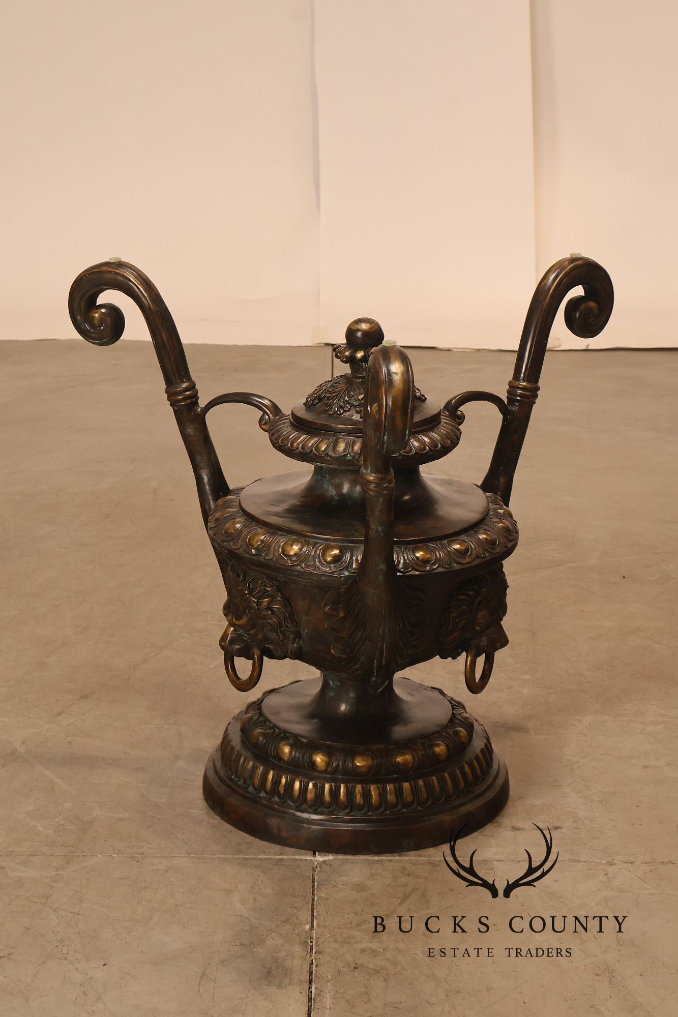 Monumental Brass Urn Form Double Pedestal Glass Top Dining Table