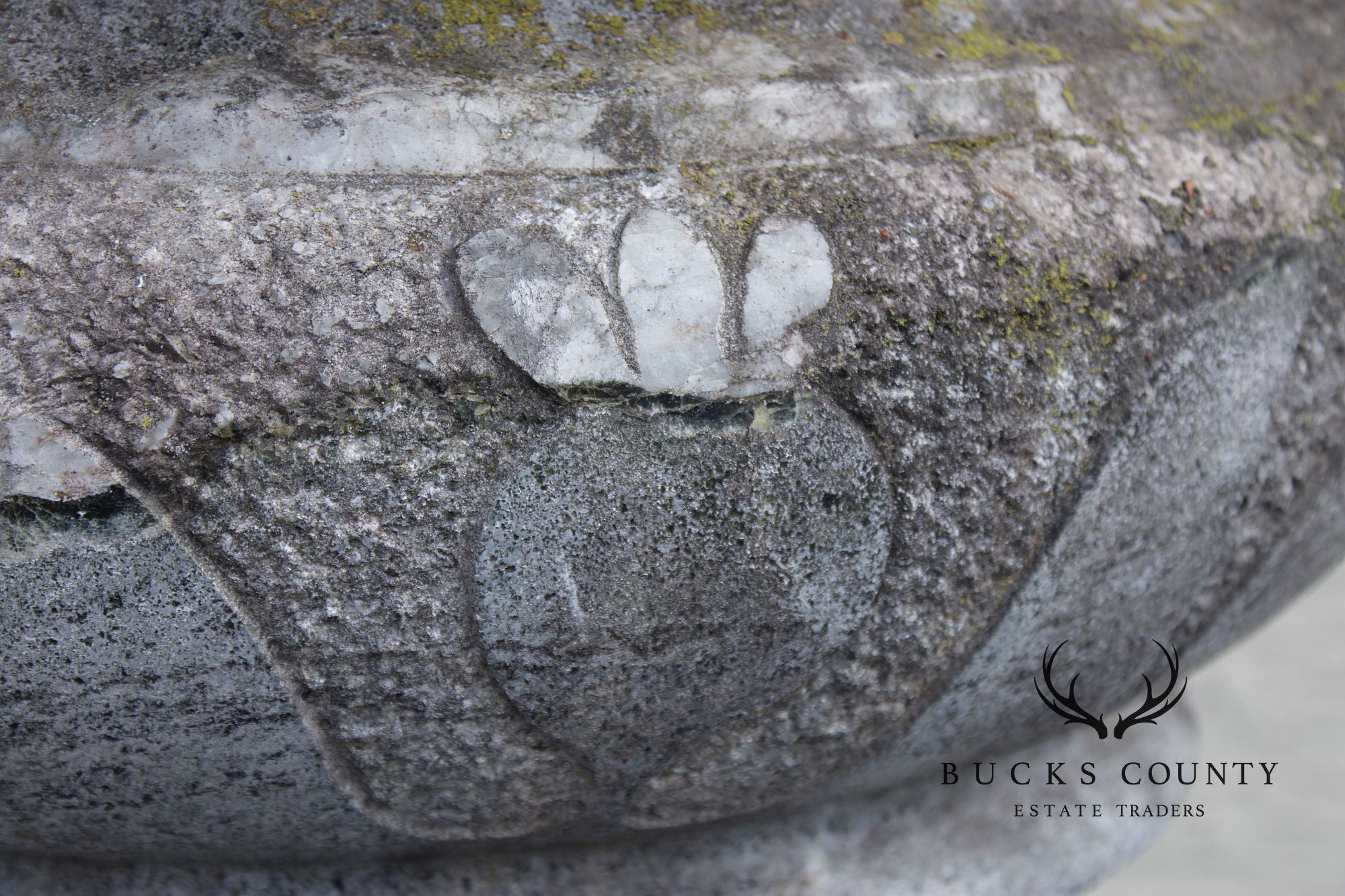 Vintage Pair Of Carved Granite Three-Piece Garden Urns On Pedestals
