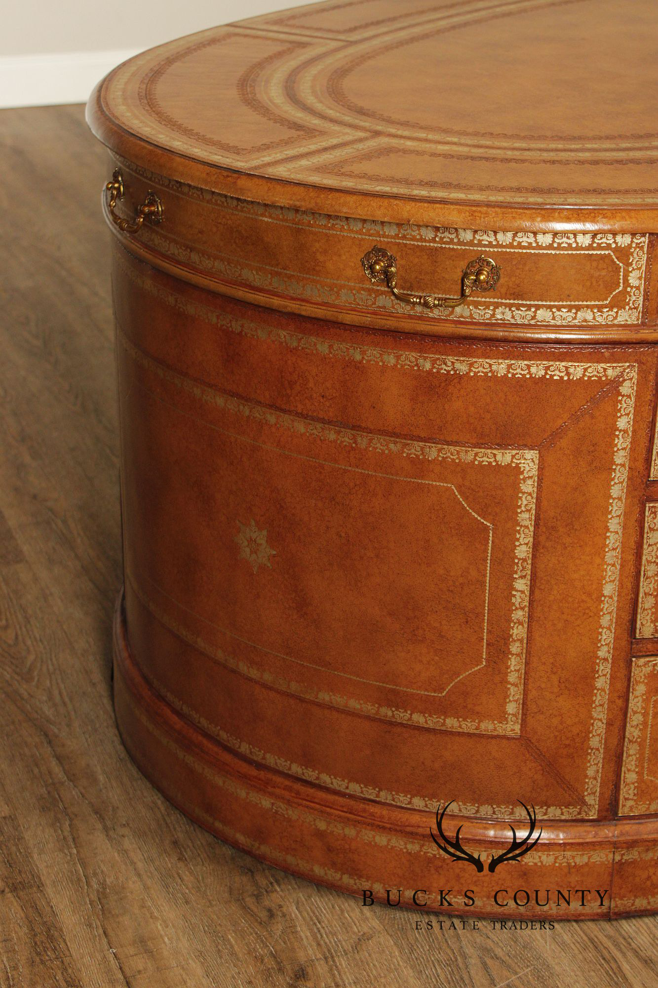 Maitland Smith Leather Wrapped Oval Executive Partners Desk