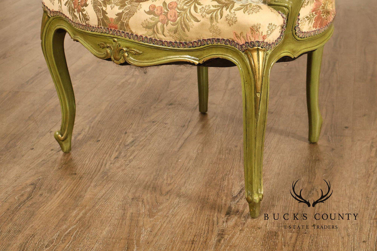 Vintage Louis XV Style Green Painted Floral Upholstered Armchair