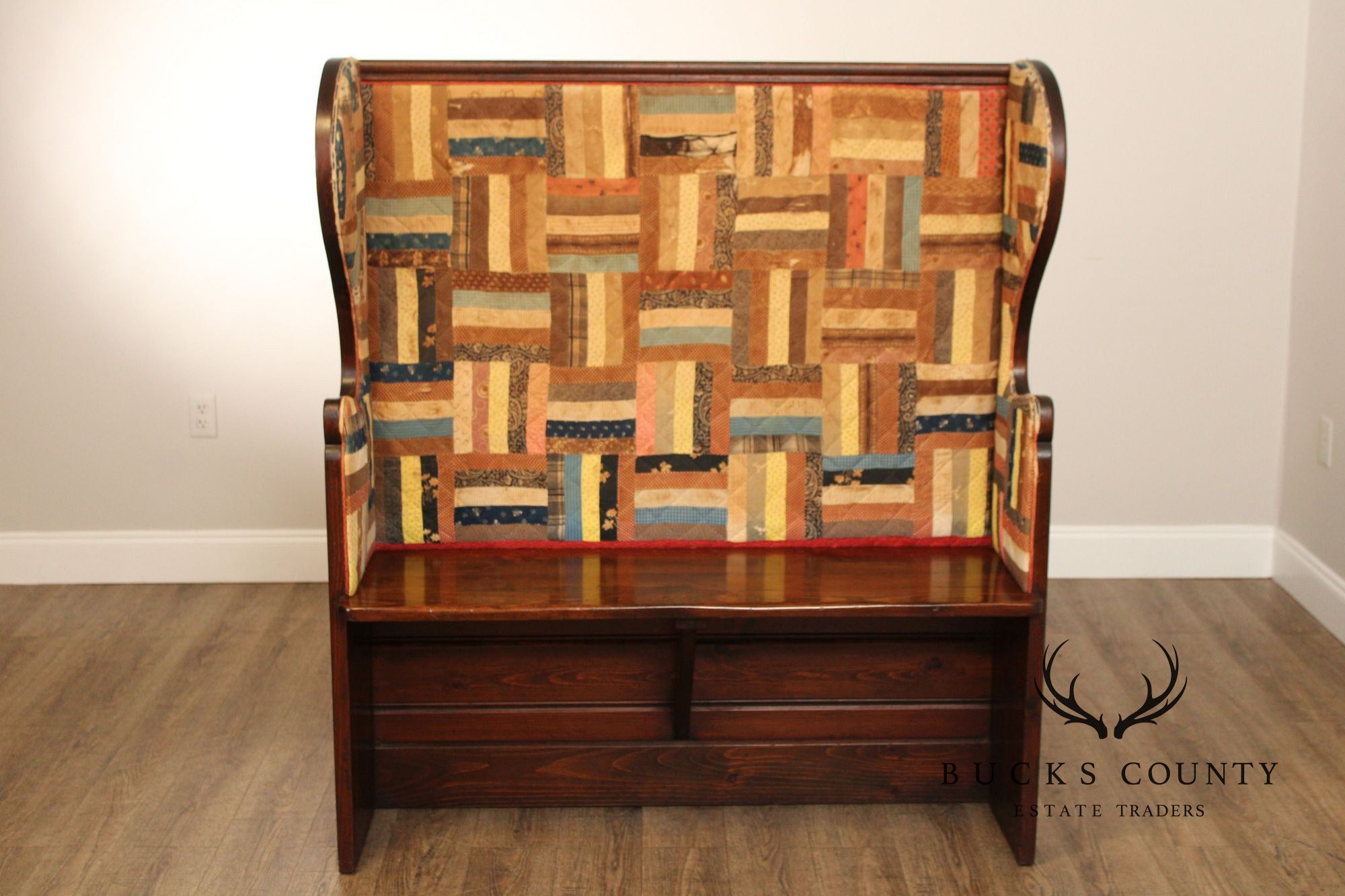 Antique American Quilted Back Pine Settle Bench