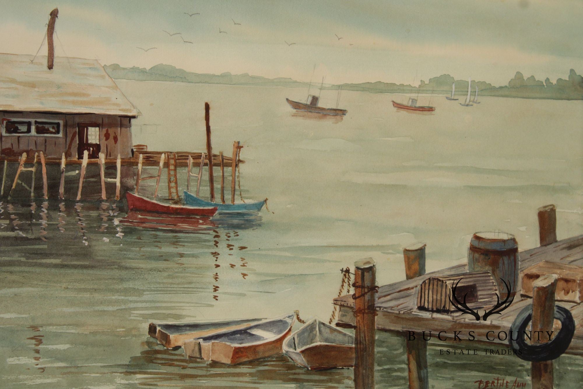 Bertha Ann Stupak Watercolor Painting, Boats in Harbor
