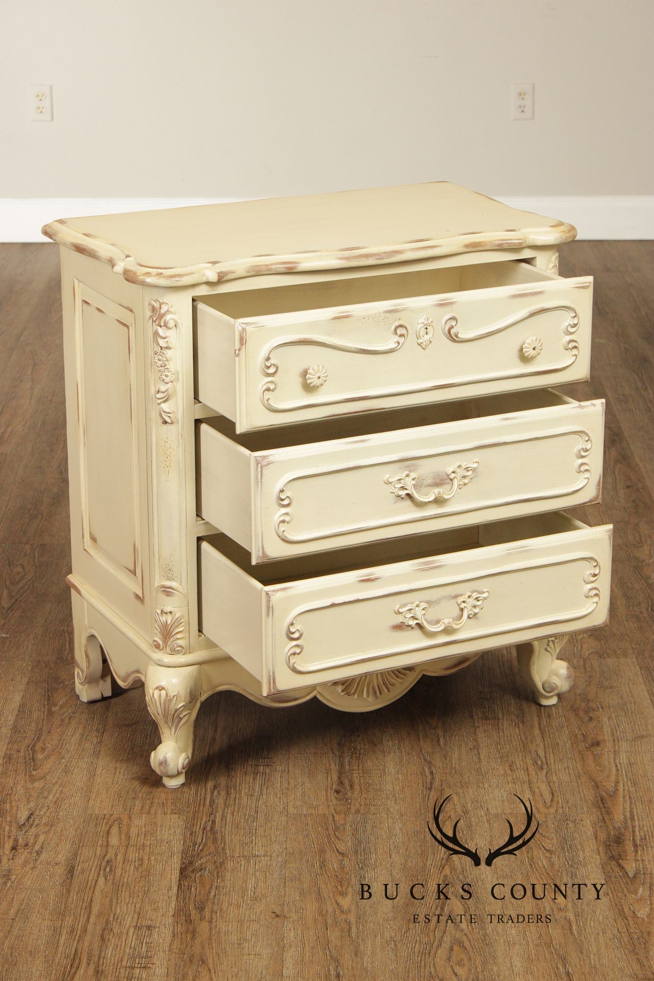 Lane French Provincial Style Pair of Distressed Cream Painted Nightstands