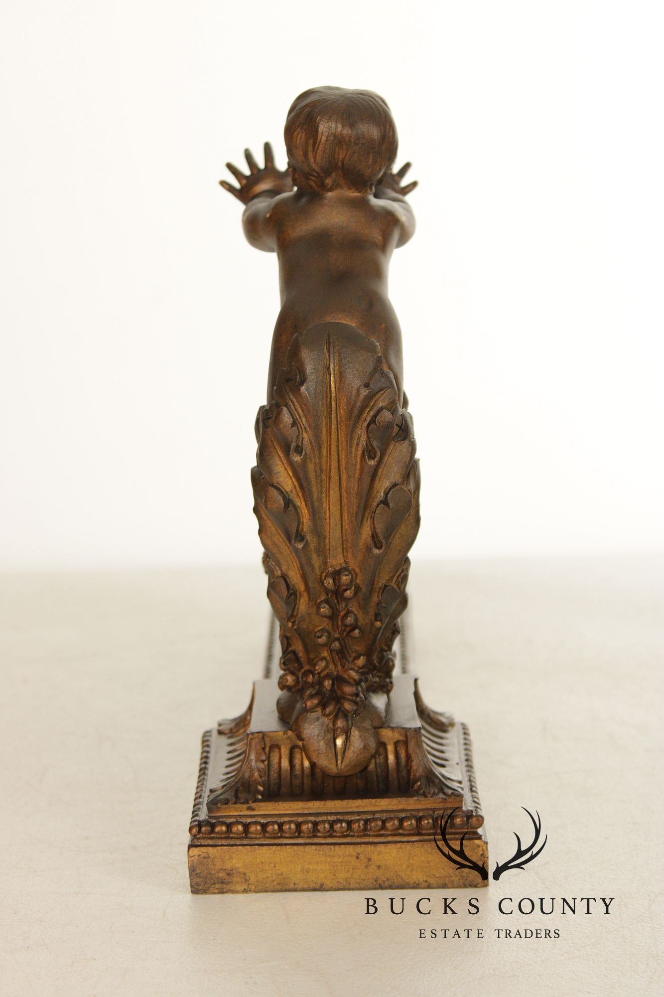 French Louis XV Style Antique Bronze Pair of Cherub Andirons